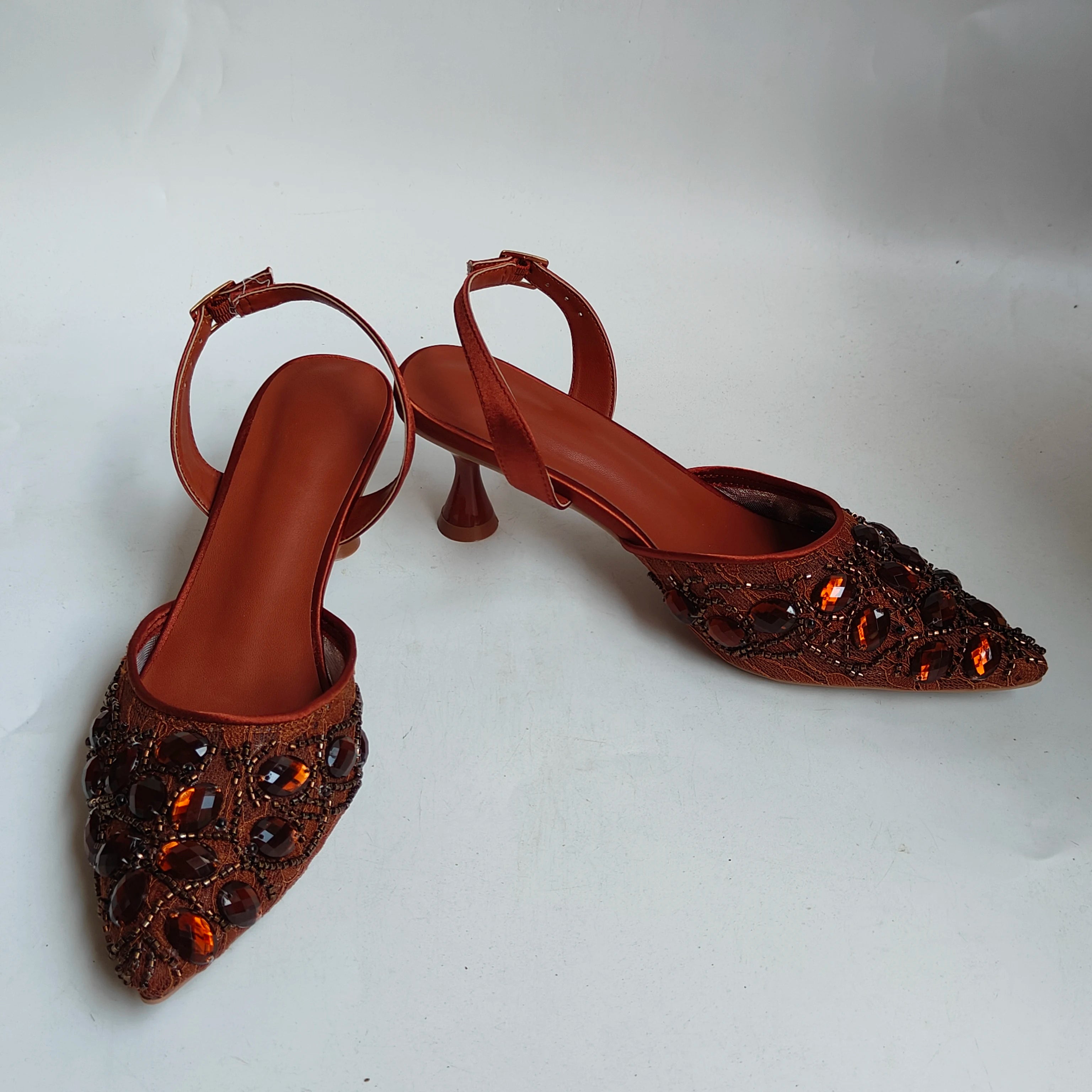 Insightlink Brown Crystal Slingback Heels Cylinder Clutch Set Sparkly Rhinestone Evening Shoes Bag for Wedding Formal Events