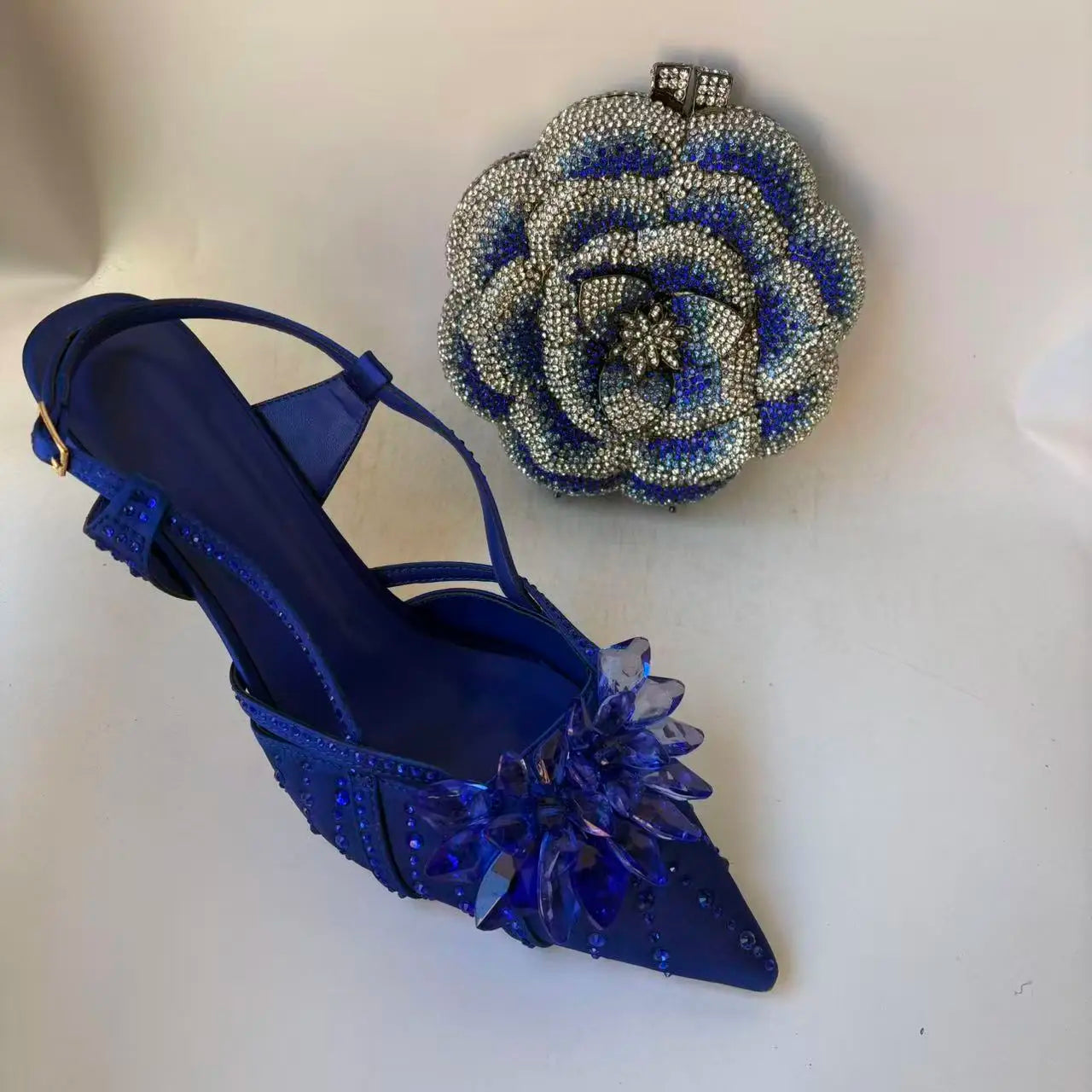 INSIGHTLINK Royal Blue Color Pointed Toe with Bag Comfortable Heels Rhinestones Design Ladies Slipper with Handbag Set For Party