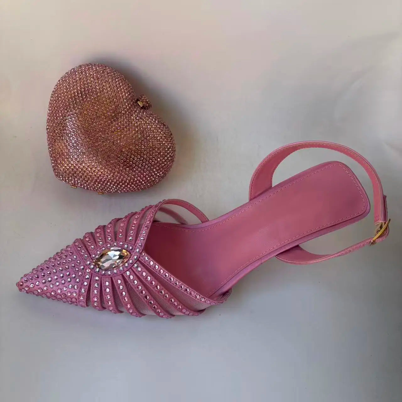 INSIGHTLINK Pink Design Rhinestones Party Shoes with Bag Set Bridal High Heels Pointed Toe Women's Sandal