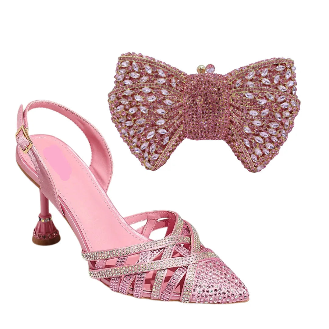 Insightlink Fashion Sandals Evening Bag Set Women Pointed Toe High Heels Shoes Rhinestone Cross Tied Design Sense Open Heel