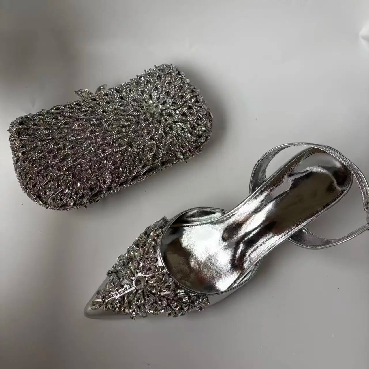 Insightlink Sliver Color Rhinestones High Heeled Shoes and Clutch Bags Party Crystal High-Heeled Stiletto Sandals for Bridal