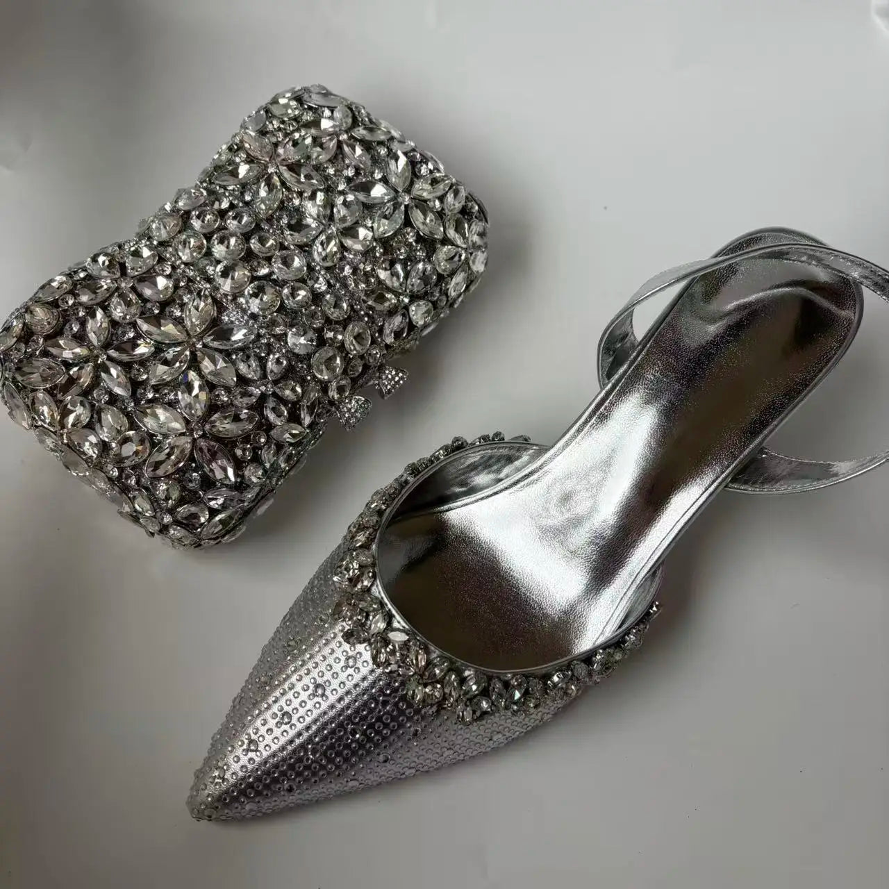 Insightlink Sliver Color Rhinestones High Heeled Shoes and Clutch Bags Party Crystal High-Heeled Stiletto Sandals for Bridal