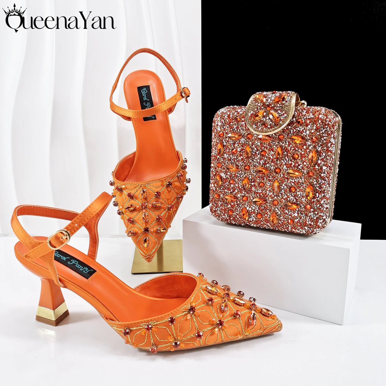 Queena Yan New Arrival Lovely Style Coffee Color Rhinestone Decoration Design Pointed Toe Lady Shoes and Bag for Party Wedding