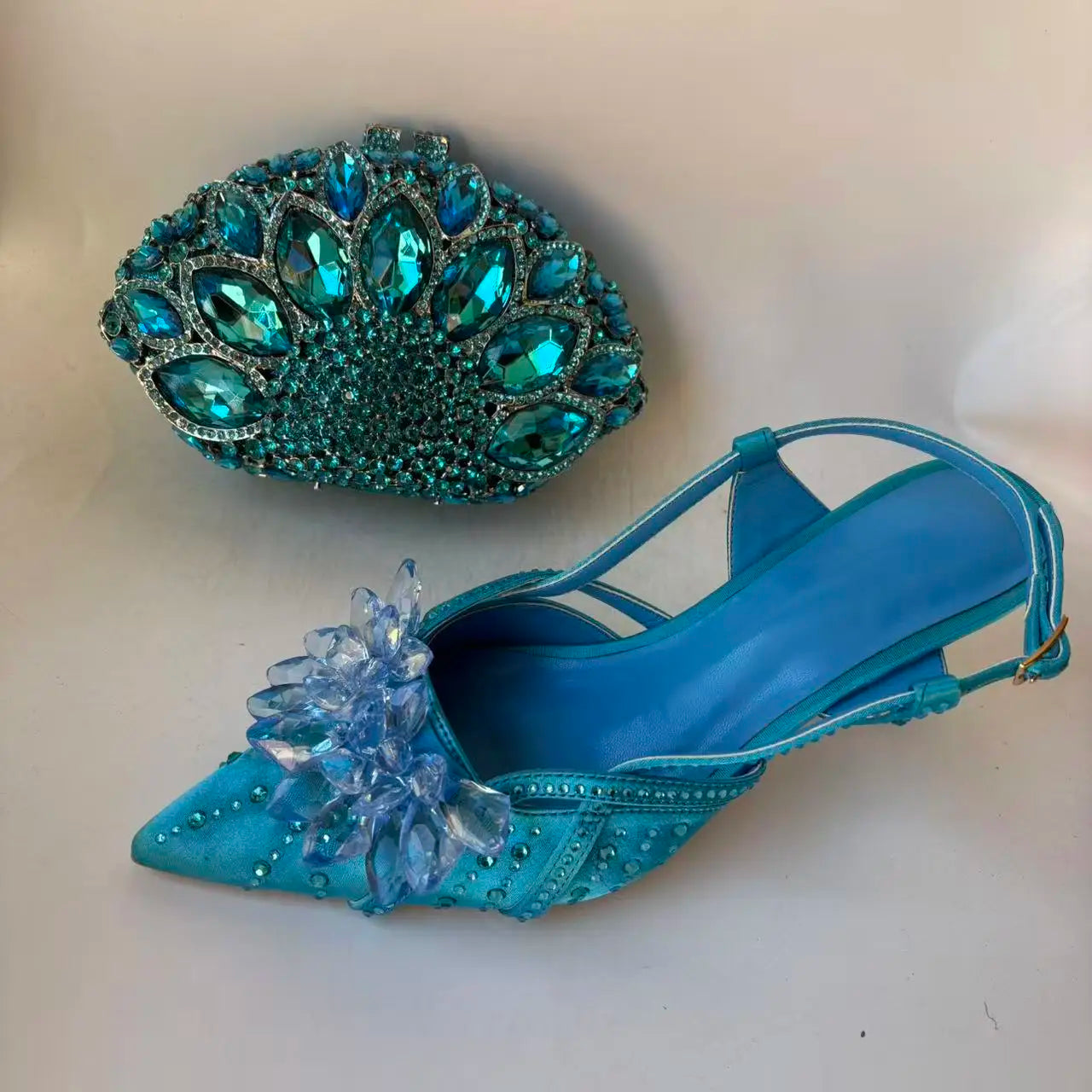 INSIGHTLINK Royal Blue Color Pointed Toe with Bag Comfortable Heels Rhinestones Design Ladies Slipper with Handbag Set For Party