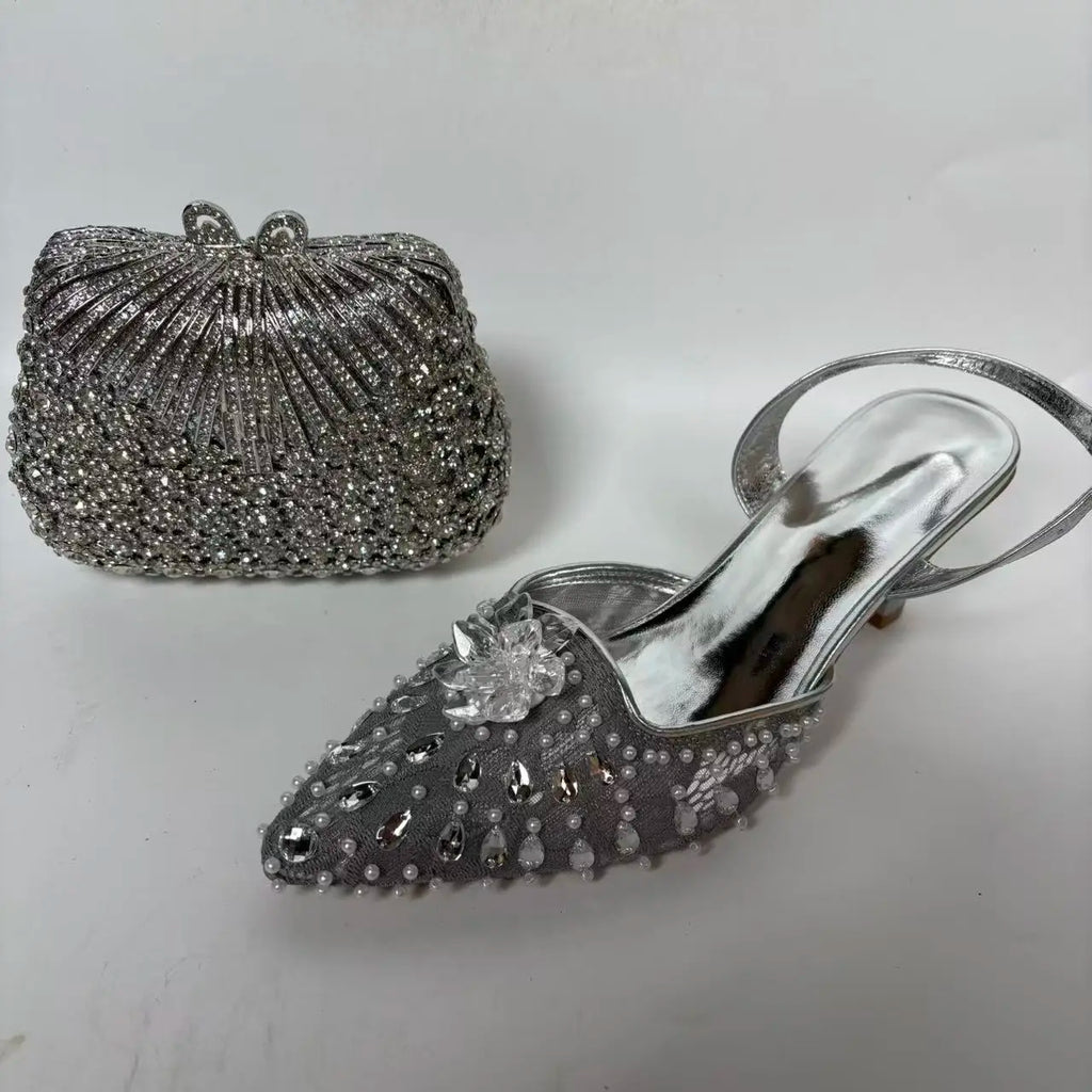 Insightlink Summer New Pointed Toe Rhinestone Lace Wedding Shoes with Bag High-Heeled Sandals Crystal Banquet Dress Sandal
