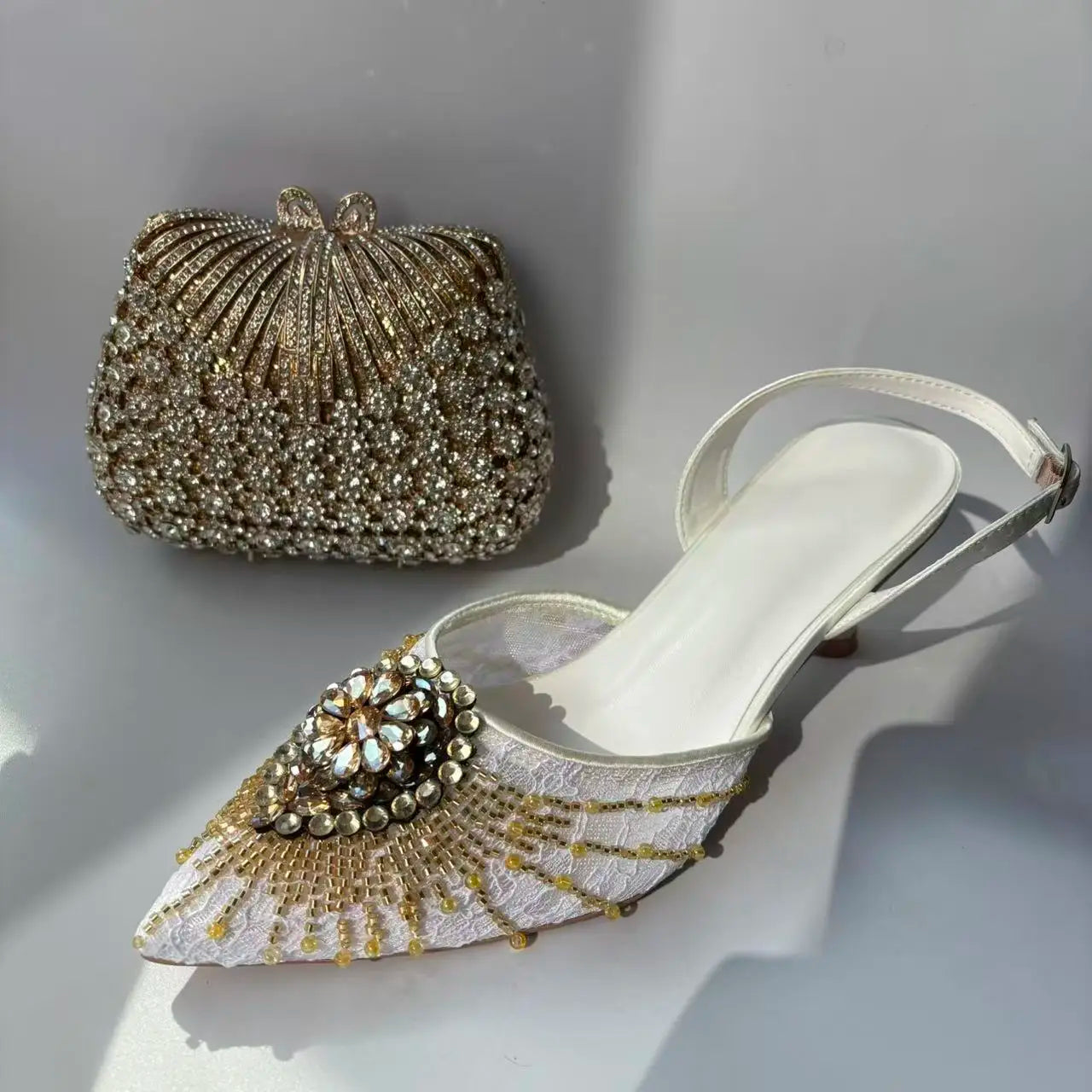 INSIGHTLINK Golden White Shoes and Bag Set Women Rhinestone Wedding High Heel Sandal And Purse Bride Crystals Clutch Toe Pump