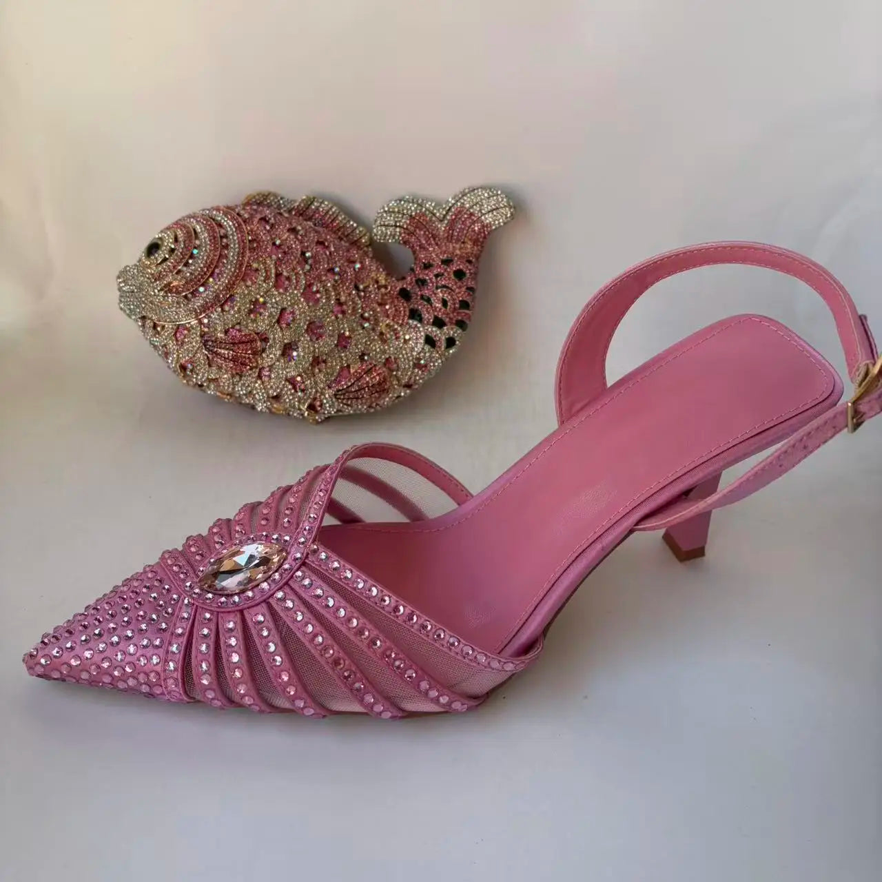 INSIGHTLINK Pink Design Rhinestones Party Shoes with Bag Set Bridal High Heels Pointed Toe Women's Sandal