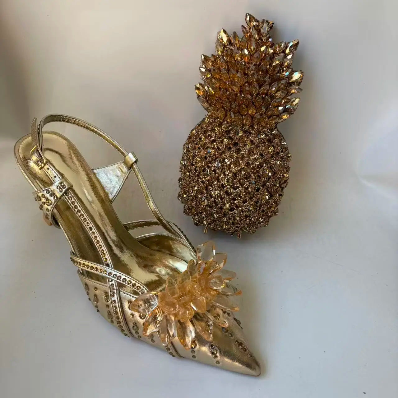 INSIGHTLINK Royal Blue Color Pointed Toe with Bag Comfortable Heels Rhinestones Design Ladies Slipper with Handbag Set For Party