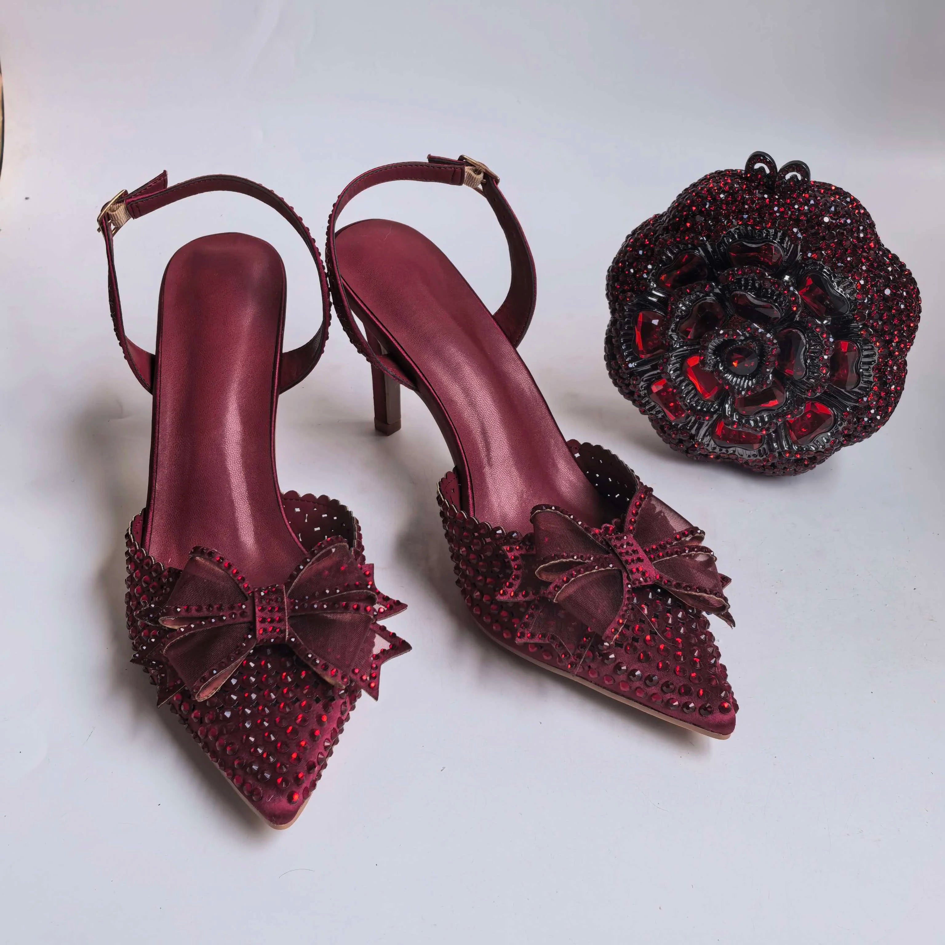 Insightlink Burgundy Satin Bow Rhinestone Ankle Strap Heels Matching Rose Crystal Clutch Women Wedding Formal Shoes and Bag Set