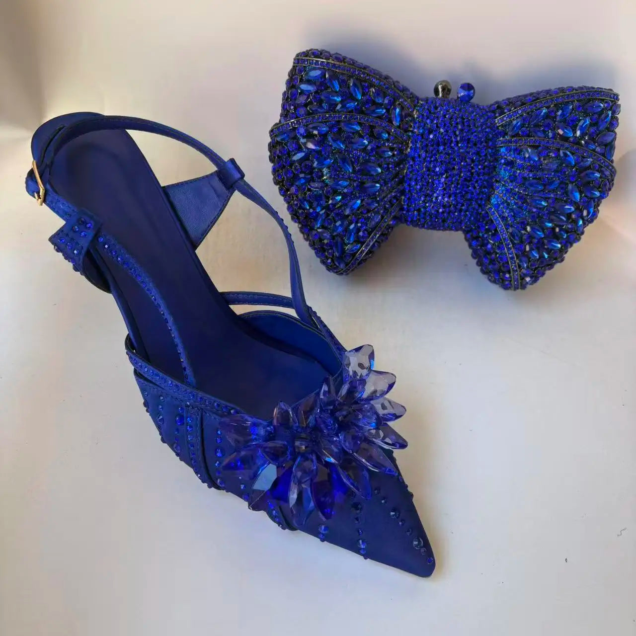 INSIGHTLINK Royal Blue Color Pointed Toe with Bag Comfortable Heels Rhinestones Design Ladies Slipper with Handbag Set For Party