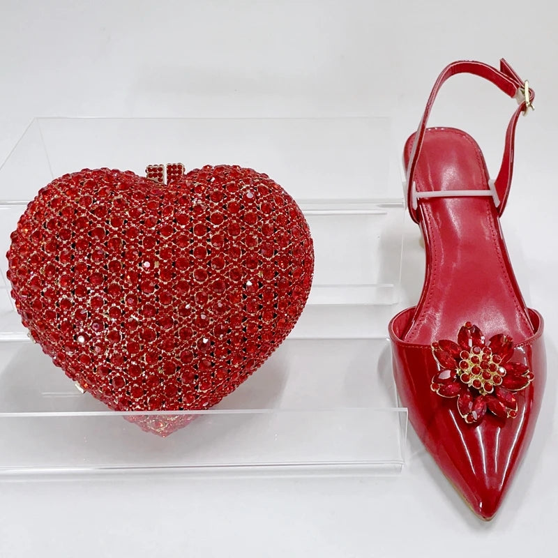 INSIGHTLINK Red Color Party Shoes and Bags Nigerian Women’s Suit Medium Heel Pointed Toe Women’s Shoes Rhinestones Sandals Red