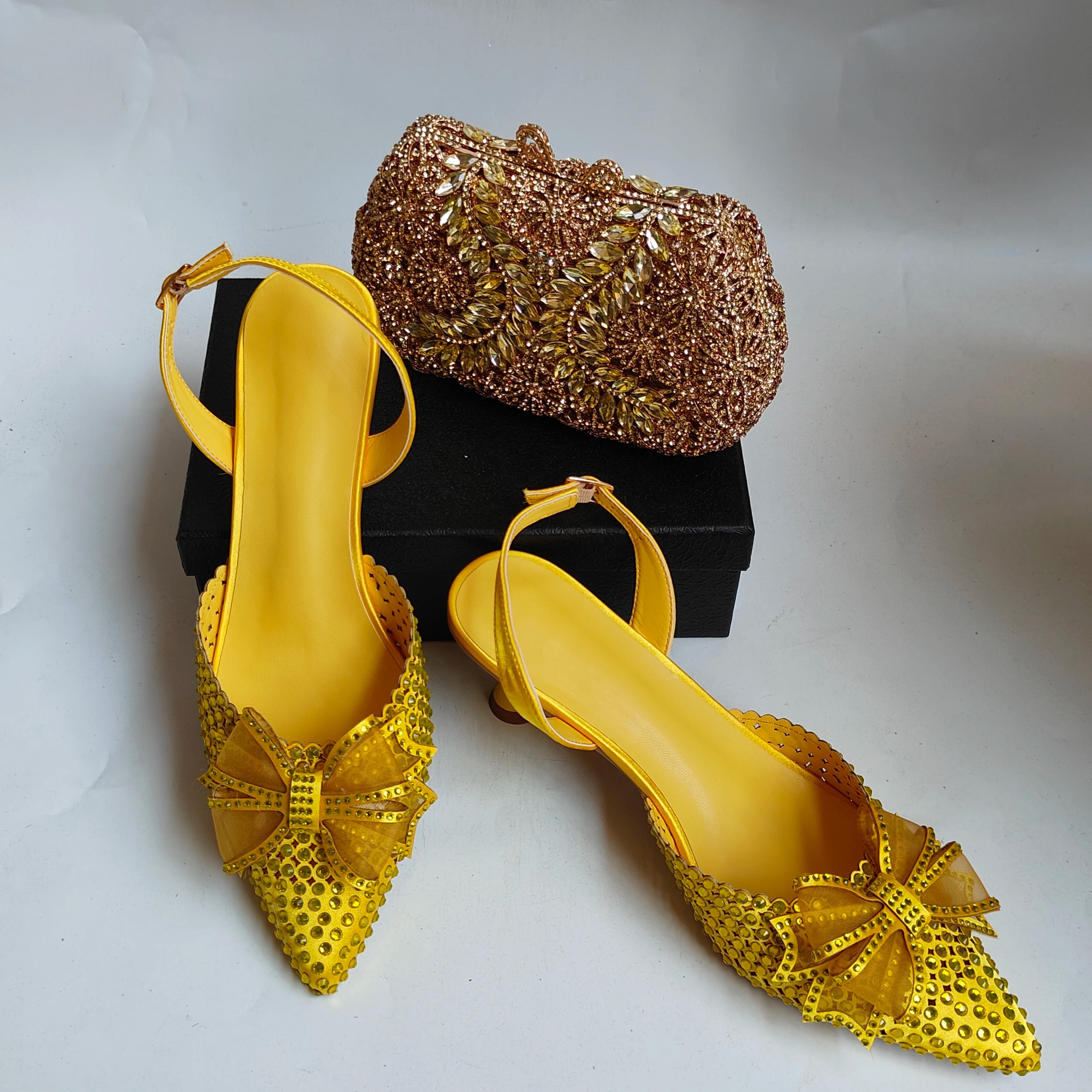 Insightlink Yellow Rhinestone Bow Ankle Strap Heels Square Clutch Set Luxury Crystal Evening Shoes Bag for Wedding Party Prom