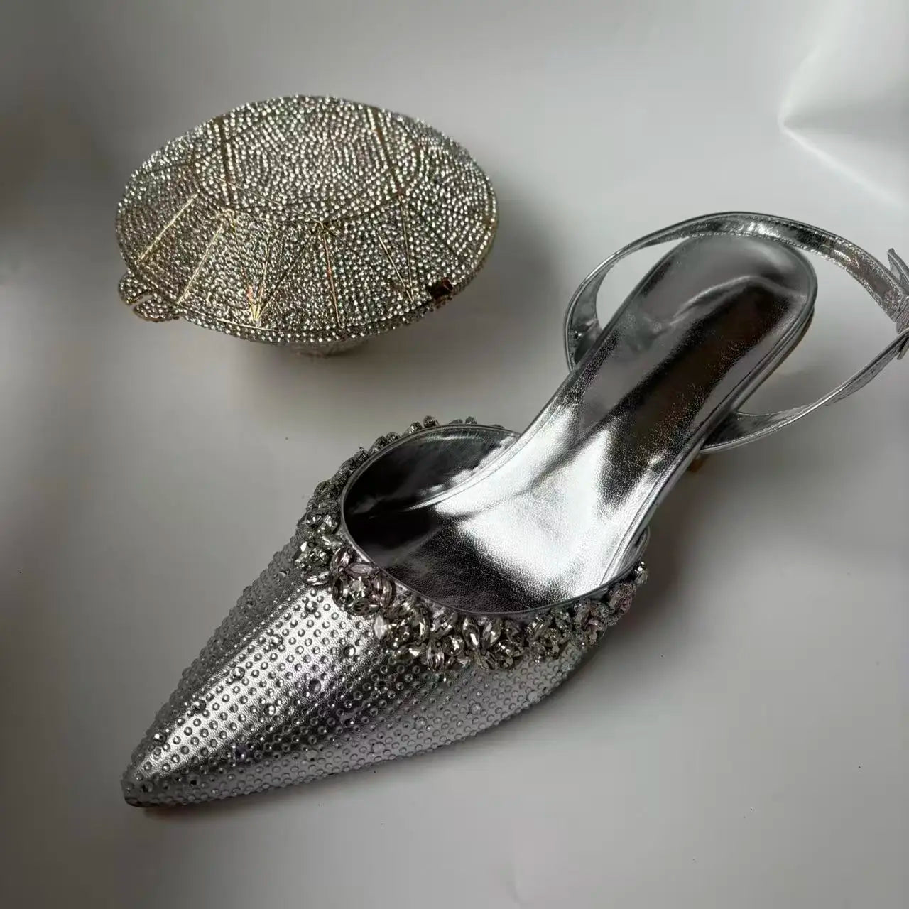 Insightlink Sliver Color Rhinestones High Heeled Shoes and Clutch Bags Party Crystal High-Heeled Stiletto Sandals for Bridal