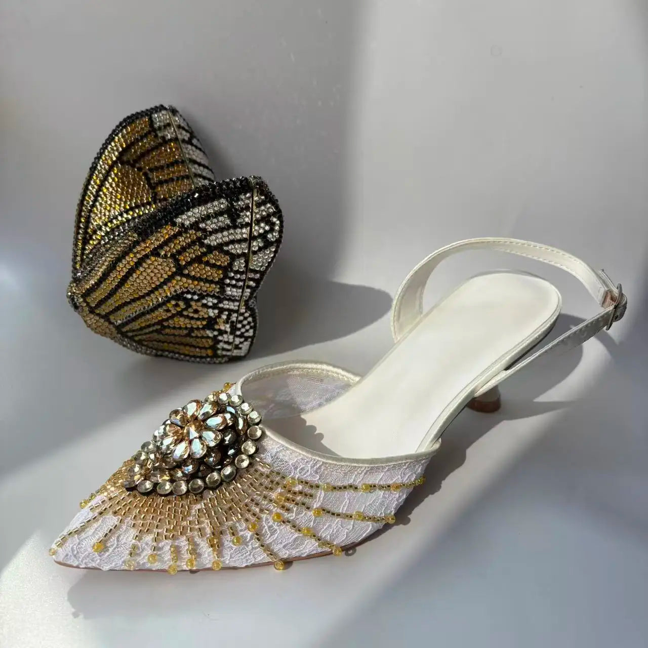 INSIGHTLINK Golden White Shoes and Bag Set Women Rhinestone Wedding High Heel Sandal And Purse Bride Crystals Clutch Toe Pump