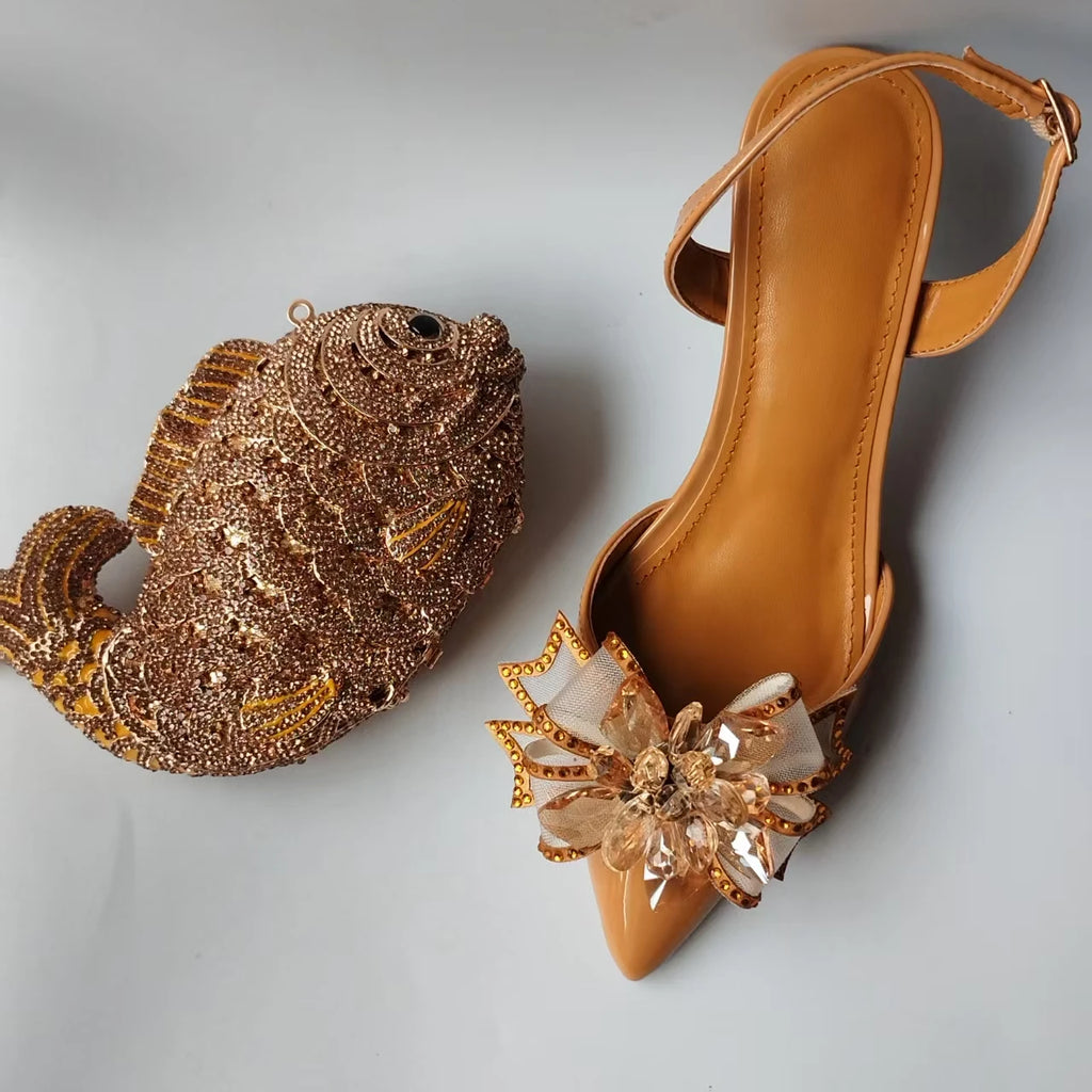 INSIGHTLINK Lady Gold Color High Heels Shoes And Bag With Rhinestones High Heeled Sandals And Purse Women's Shoes For Party Bags