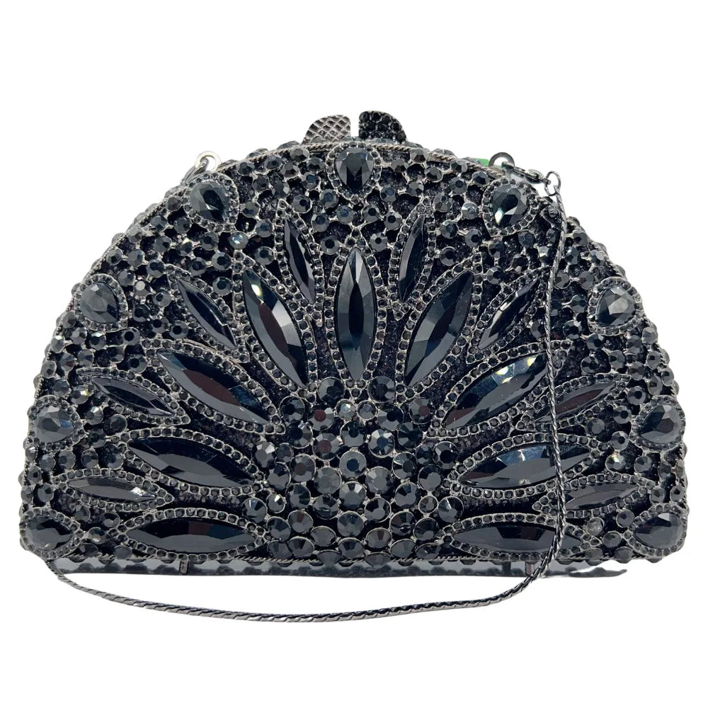 Semicircle Black Rhinestone Evening Bag Clutches Luxury Designer Crystal Wedding Bridal Clutches Lady Diamond Party Prom Handbag