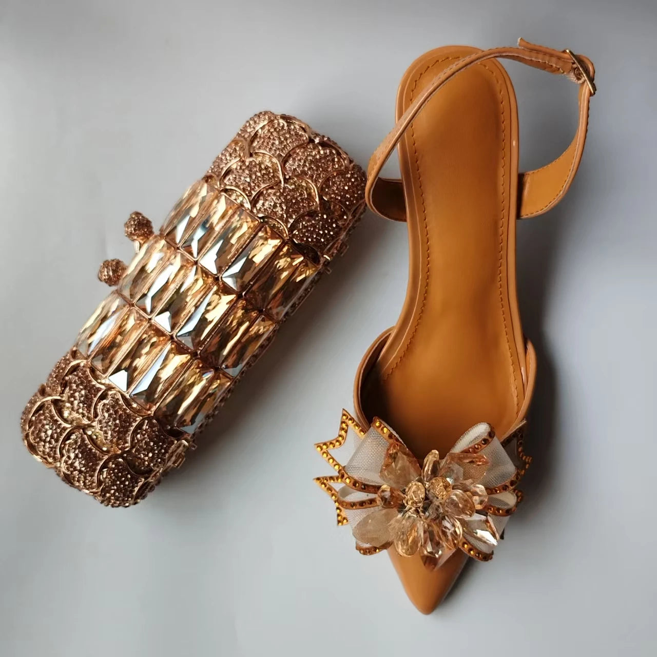 INSIGHTLINK Lady Gold Color High Heels Shoes And Bag With Rhinestones High Heeled Sandals And Purse Women's Shoes For Party Bags