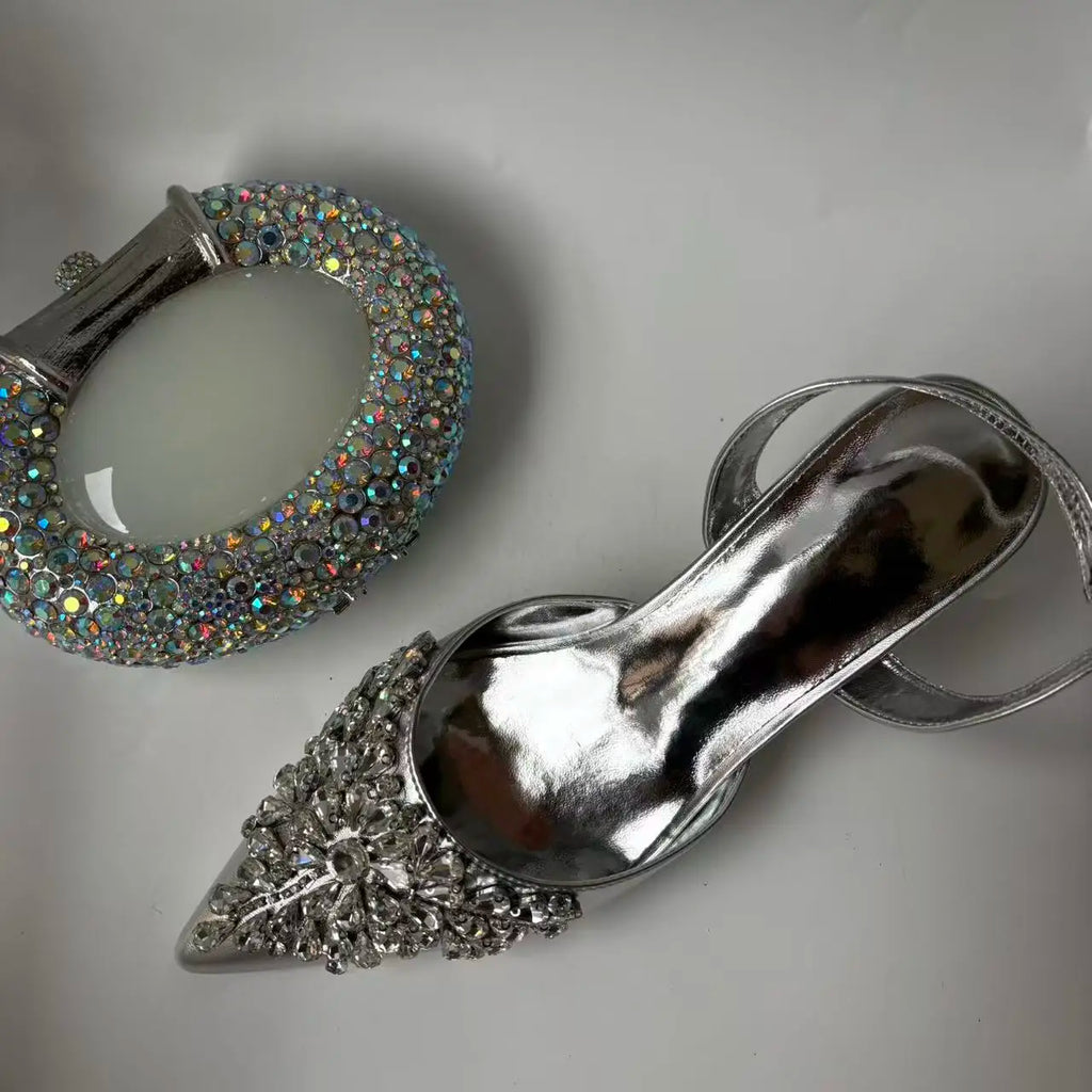 Insightlink Sliver Color Rhinestones High Heeled Shoes and Clutch Bags Party Crystal High-Heeled Stiletto Sandals for Bridal