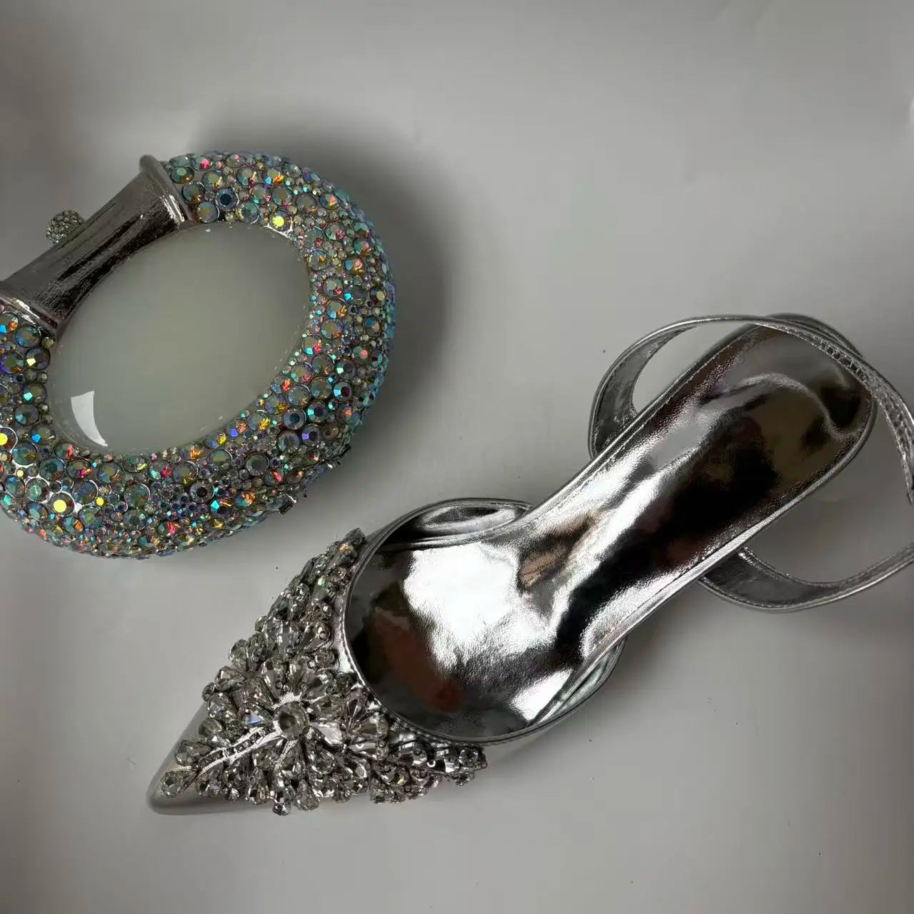 Insightlink Sliver Color Rhinestones High Heeled Shoes and Clutch Bags Party Crystal High-Heeled Stiletto Sandals for Bridal
