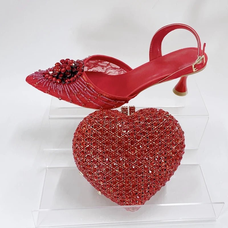INSIGHTLINK Red Color Party Shoes and Bags Nigerian Women’s Suit Medium Heel Pointed Toe Women’s Shoes Rhinestones Sandals Red