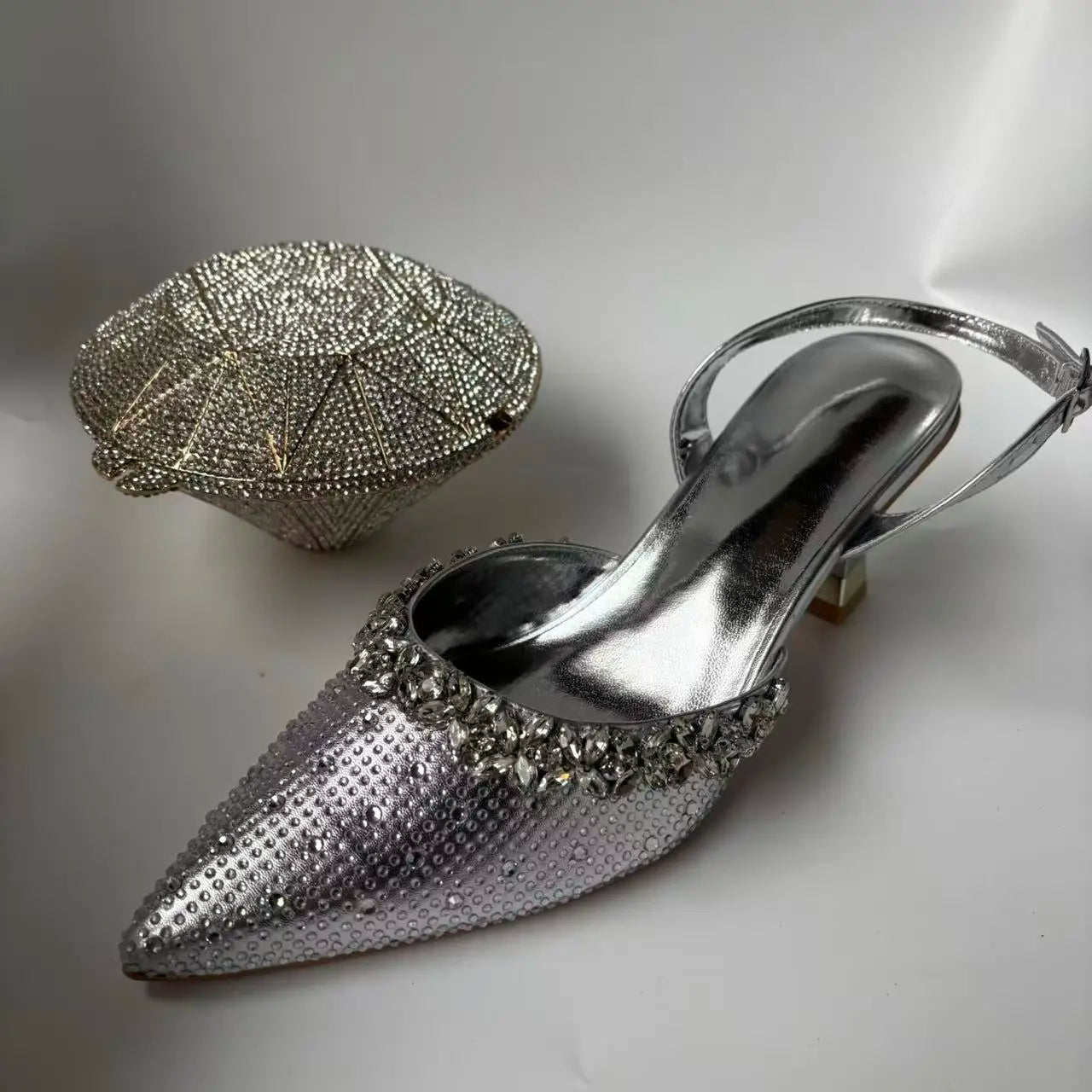 Insightlink Sliver Color Rhinestones High Heeled Shoes and Clutch Bags Party Crystal High-Heeled Stiletto Sandals for Bridal