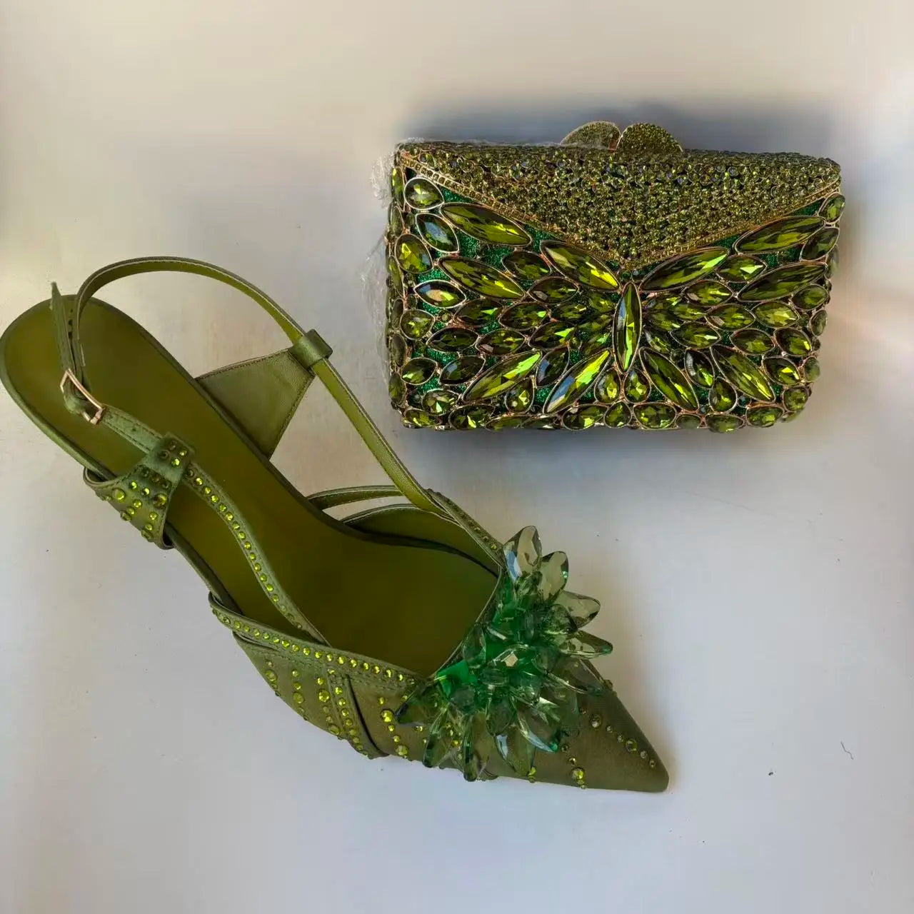 INSIGHTLINK Royal Blue Color Pointed Toe with Bag Comfortable Heels Rhinestones Design Ladies Slipper with Handbag Set For Party