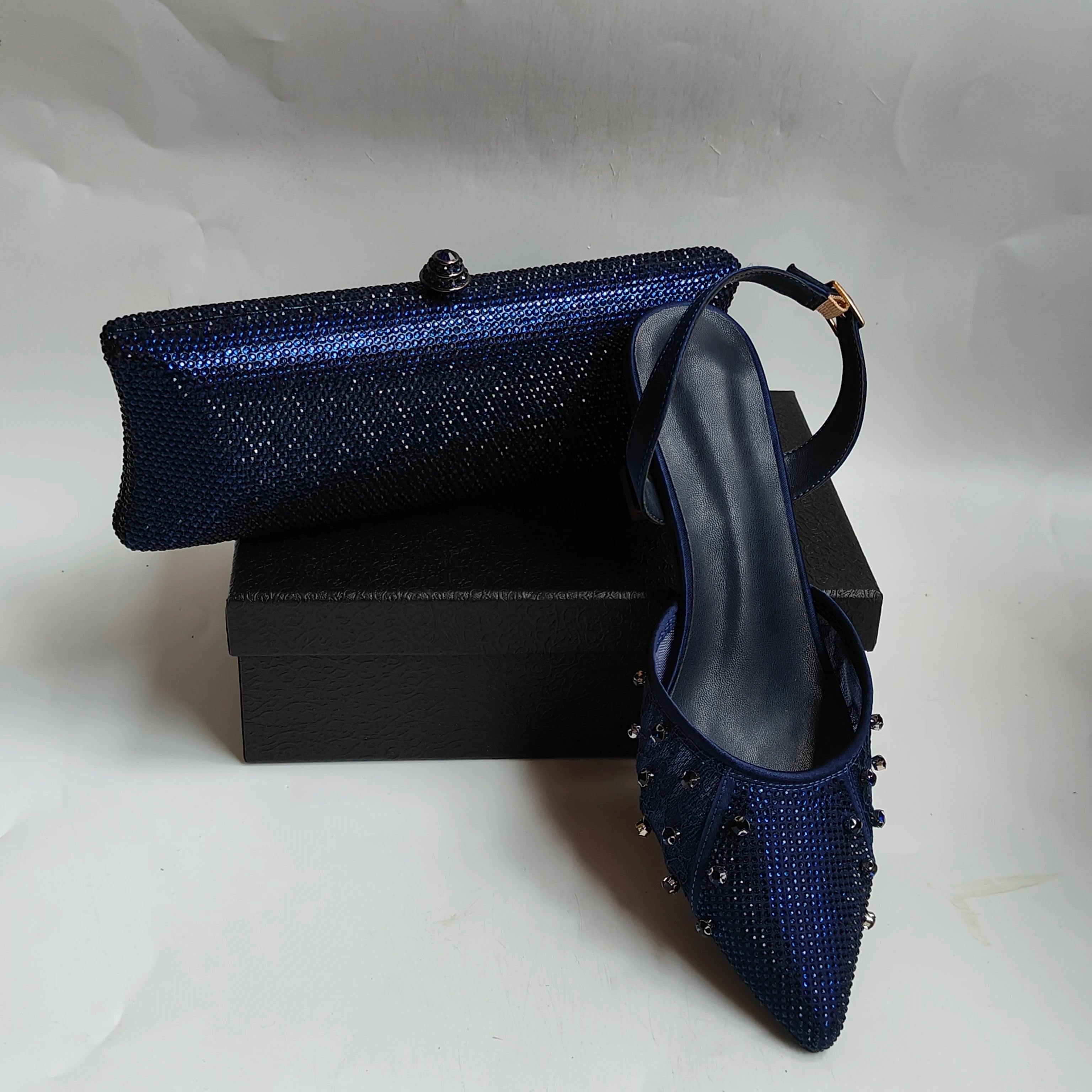 Insightlink Navy Blue Rhinestone Slingback Heels Evening Shoes for Women, Luxury Crystal Evening Shoes and Bag for Wedding Party