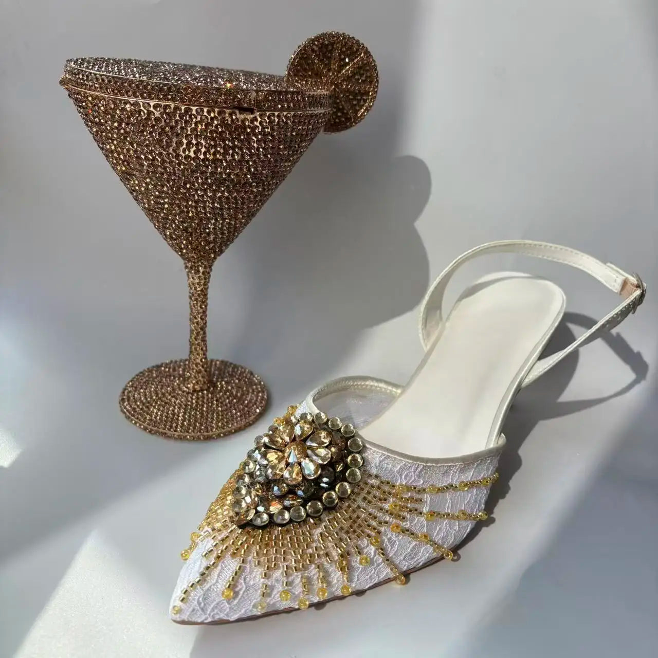 INSIGHTLINK Golden White Shoes and Bag Set Women Rhinestone Wedding High Heel Sandal And Purse Bride Crystals Clutch Toe Pump