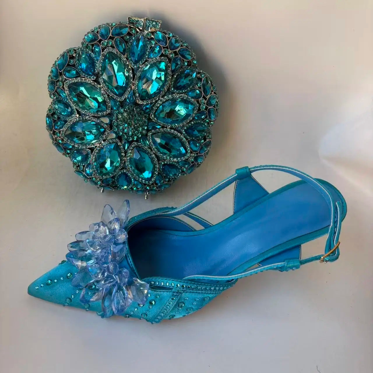 INSIGHTLINK Royal Blue Color Pointed Toe with Bag Comfortable Heels Rhinestones Design Ladies Slipper with Handbag Set For Party