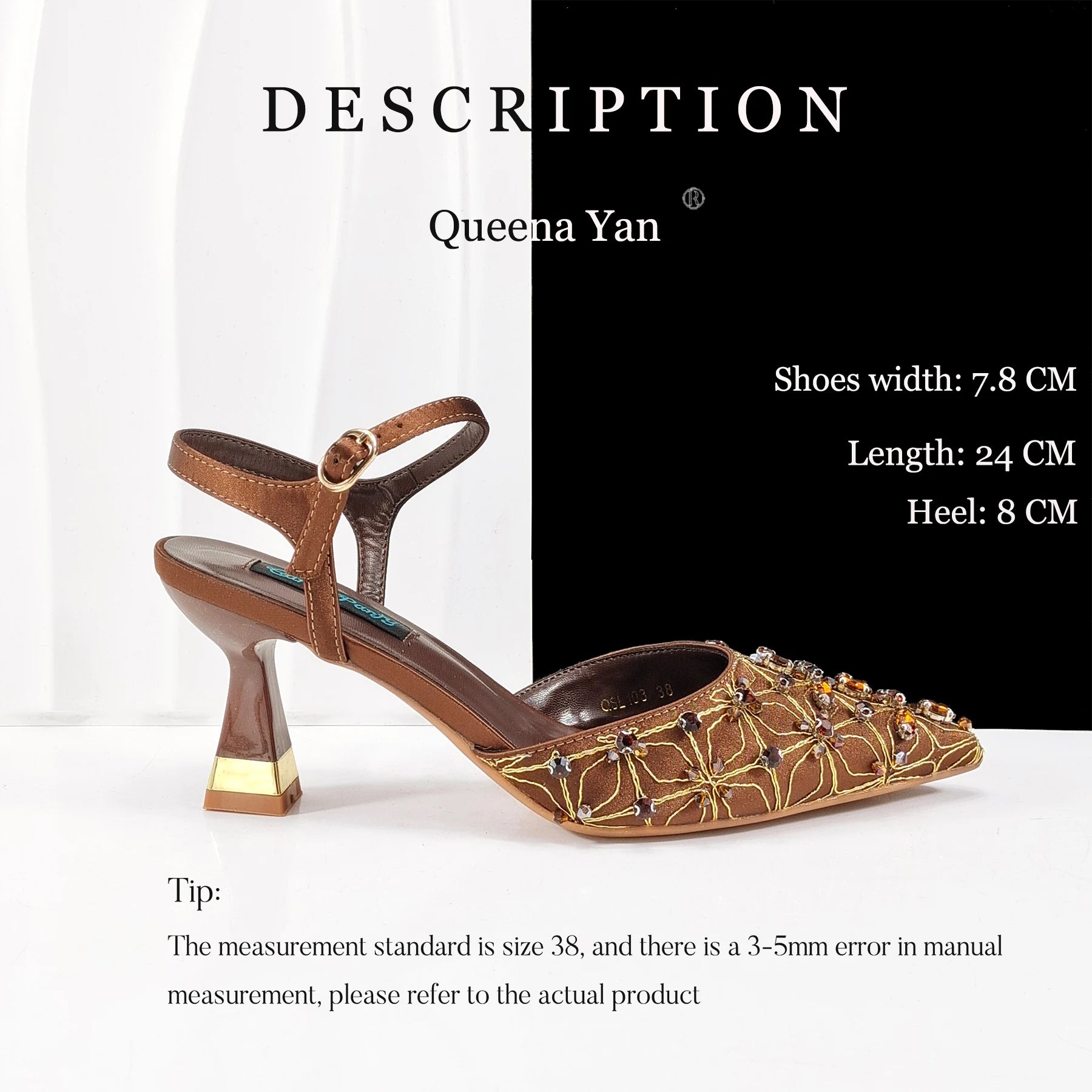 Queena Yan New Arrival Lovely Style Coffee Color Rhinestone Decoration Design Pointed Toe Lady Shoes and Bag for Party Wedding