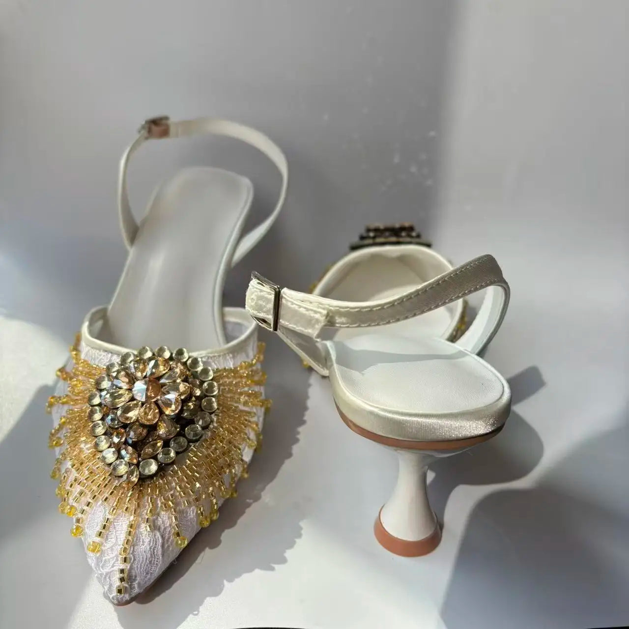 INSIGHTLINK Golden White Shoes and Bag Set Women Rhinestone Wedding High Heel Sandal And Purse Bride Crystals Clutch Toe Pump