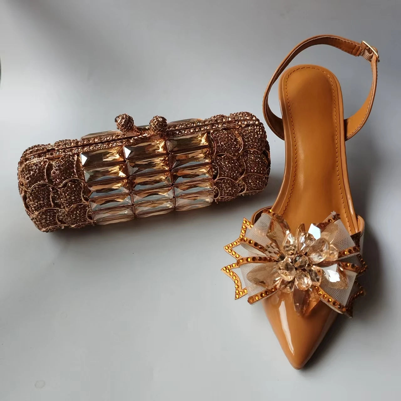 INSIGHTLINK Lady Gold Color High Heels Shoes And Bag With Rhinestones High Heeled Sandals And Purse Women's Shoes For Party Bags