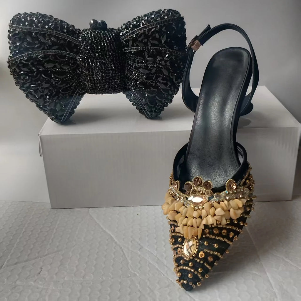 Insightlink Black Color Gems High Heeled Sandals and Bags Set Ladies Brand Designer Party Prom Stilettos Pointed Shoes and Purse