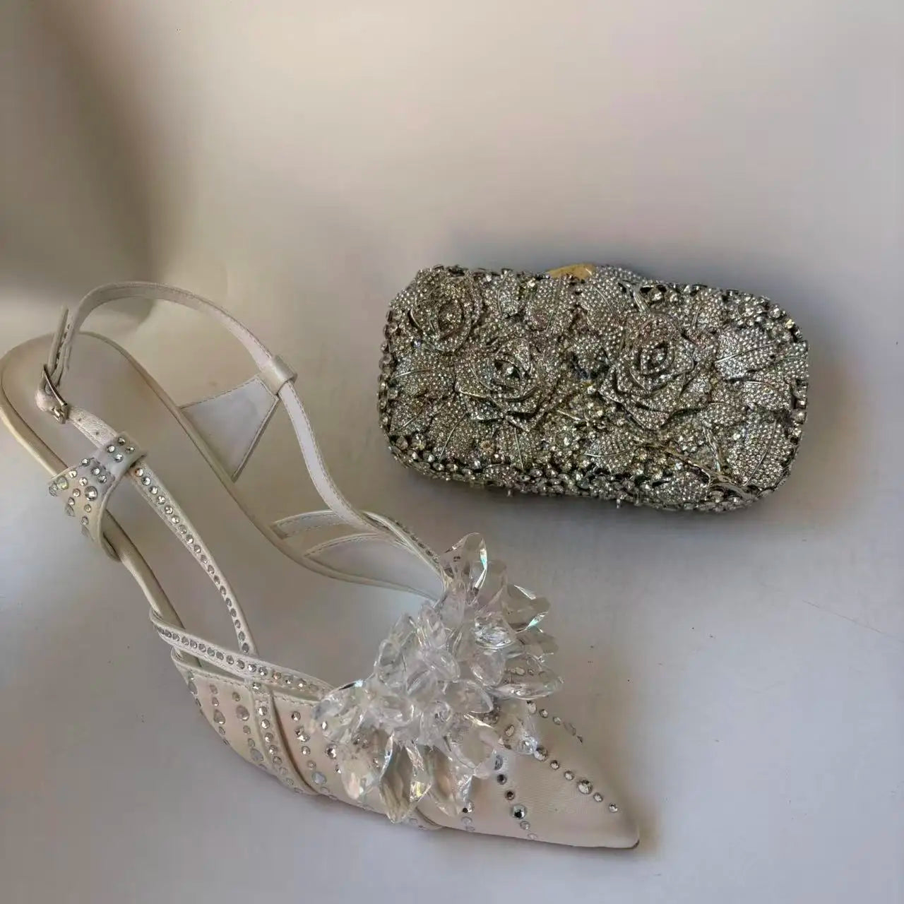 INSIGHTLINK Royal Blue Color Pointed Toe with Bag Comfortable Heels Rhinestones Design Ladies Slipper with Handbag Set For Party