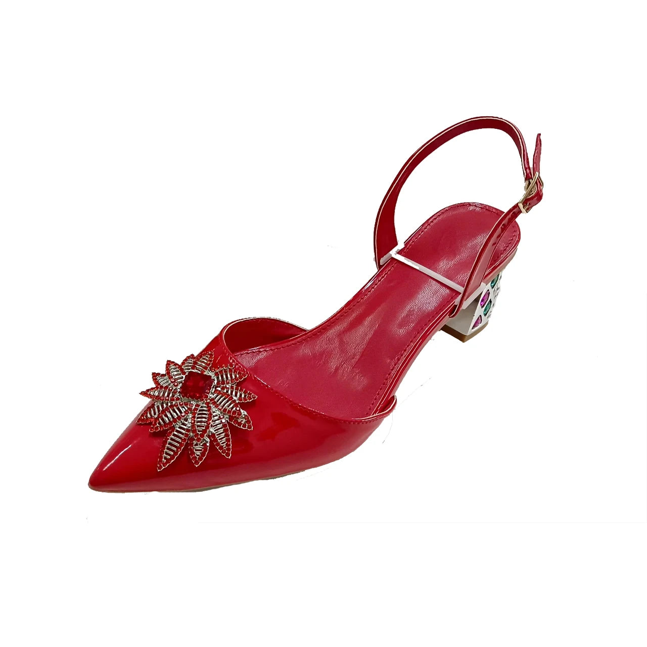 INSIGHTLINK Red Color Party Shoes and Bags Nigerian Women’s Suit Medium Heel Pointed Toe Women’s Shoes Rhinestones Sandals Red