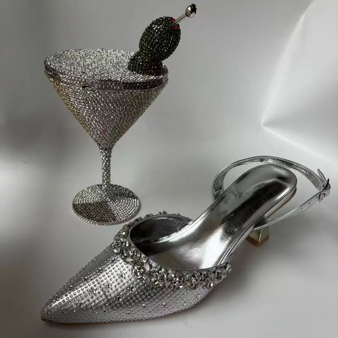 Insightlink Sliver Color Rhinestones High Heeled Shoes and Clutch Bags Party Crystal High-Heeled Stiletto Sandals for Bridal