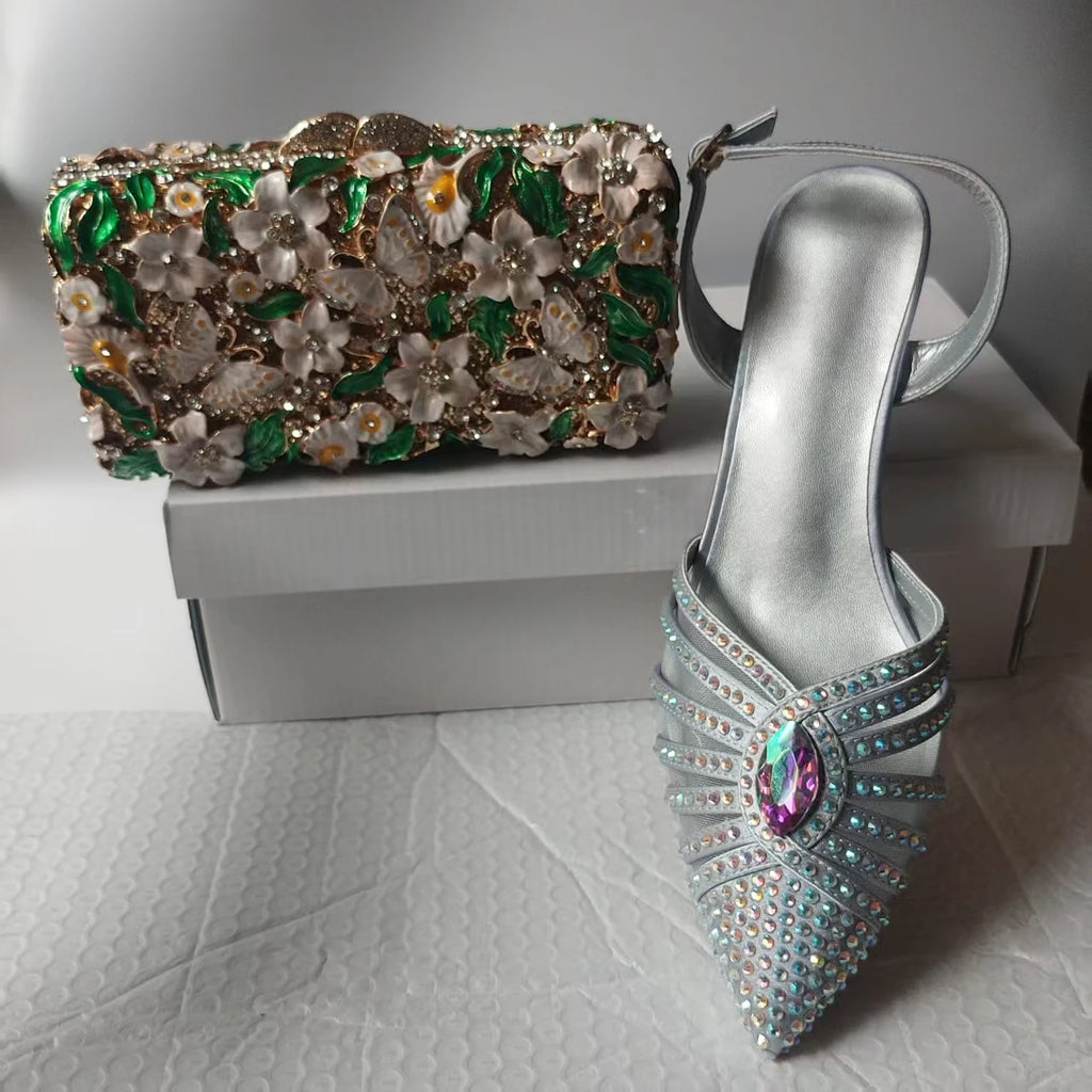 INSIGHTLINK New Rhinestones Shoes And Clutch Sets For Evening Party Gems high-heeled Stiletto sandals And Bags Crystal sandals