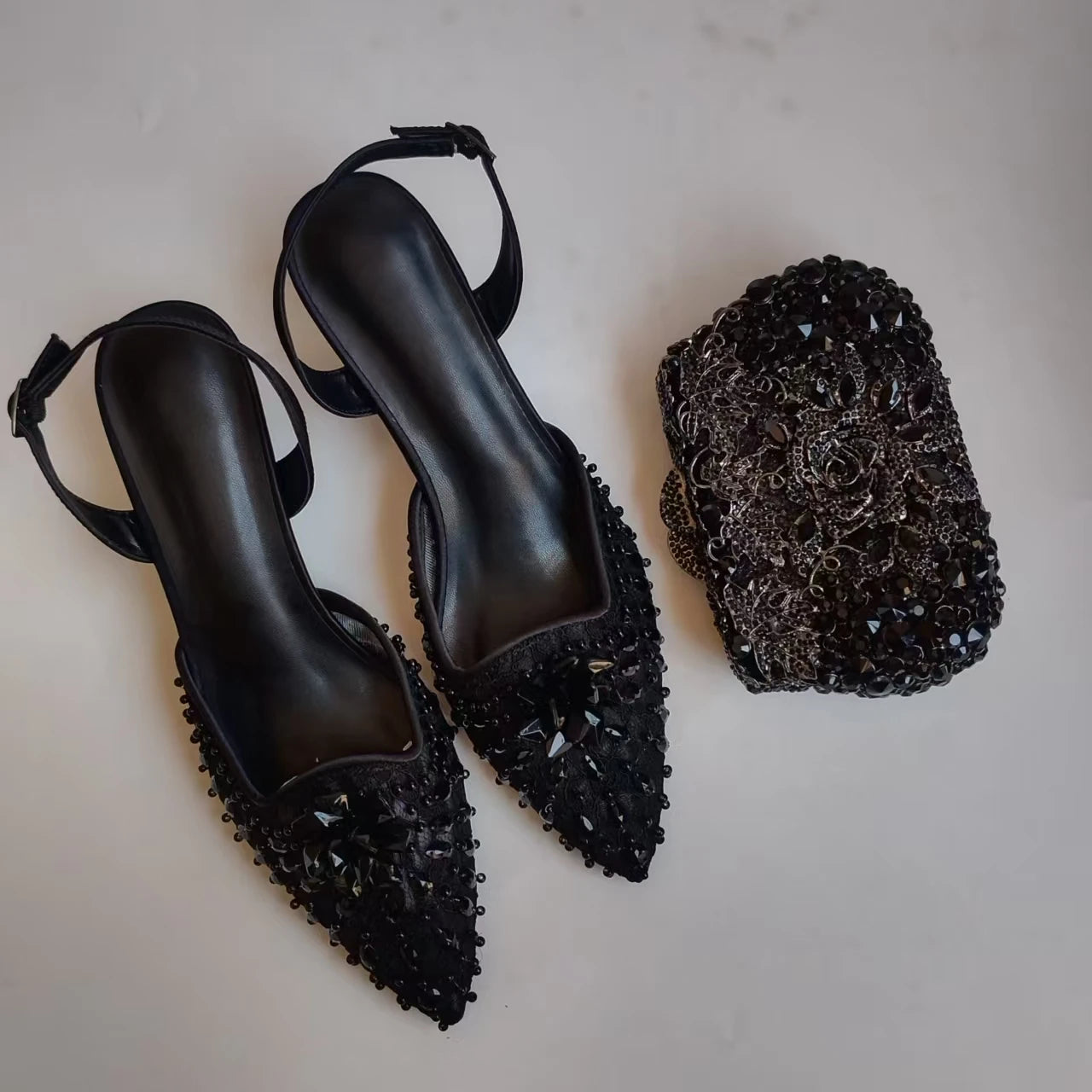 Insightlink Luxury Black Crystal Pineapple Evening Bag Slingback Shoes Pointed Toe Heels for Women Wedding Formal Events