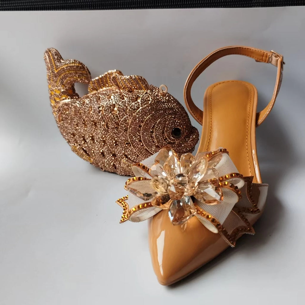 INSIGHTLINK Lady Gold Color High Heels Shoes And Bag With Rhinestones High Heeled Sandals And Purse Women's Shoes For Party Bags