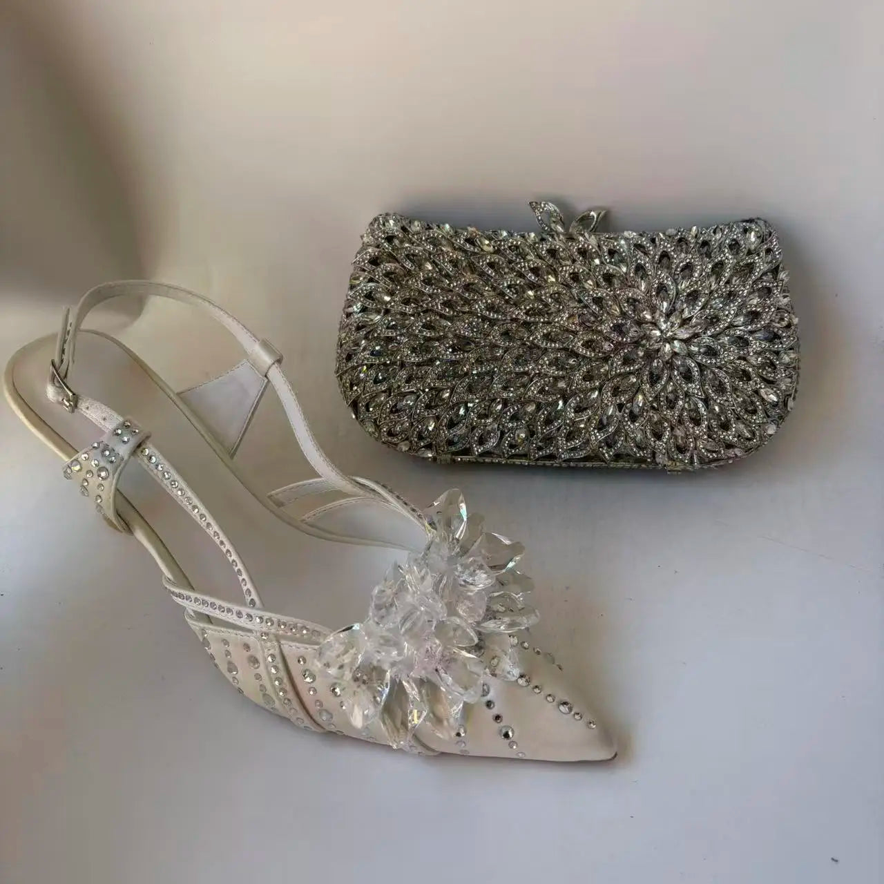 INSIGHTLINK Royal Blue Color Pointed Toe with Bag Comfortable Heels Rhinestones Design Ladies Slipper with Handbag Set For Party