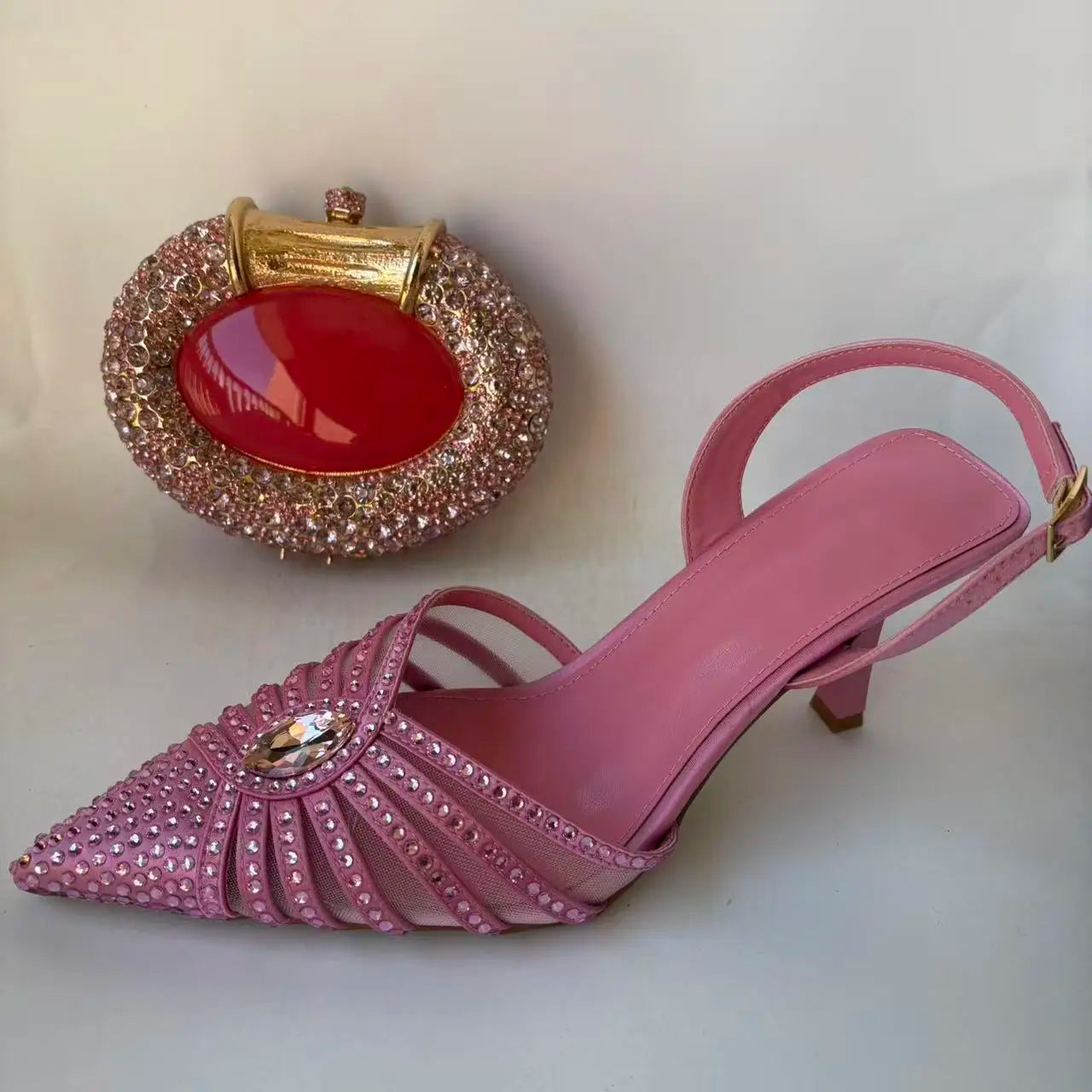 INSIGHTLINK Pink Design Rhinestones Party Shoes with Bag Set Bridal High Heels Pointed Toe Women's Sandal