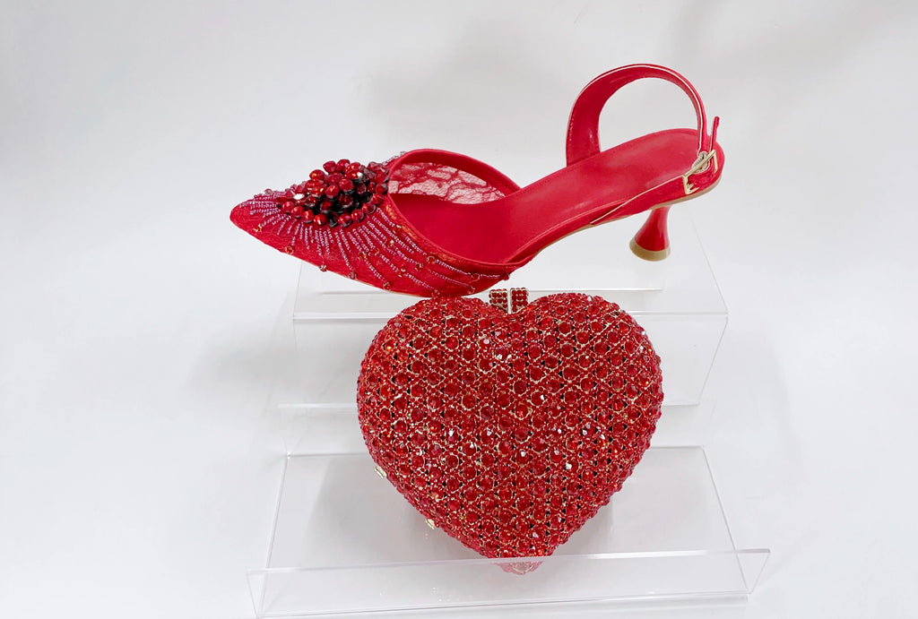 INSIGHTLINK Red Color Party Shoes and Bags Nigerian Women’s Suit Medium Heel Pointed Toe Women’s Shoes Rhinestones Sandals Red