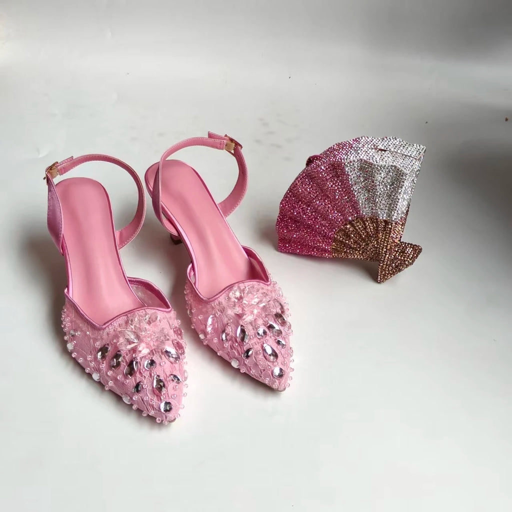 INSIGHTLINK Luxury Pink Lace Gem Embellished Heels Ombre Fan Crystal Clutch Bridal Banquet Elegant Matching Footwear Purse