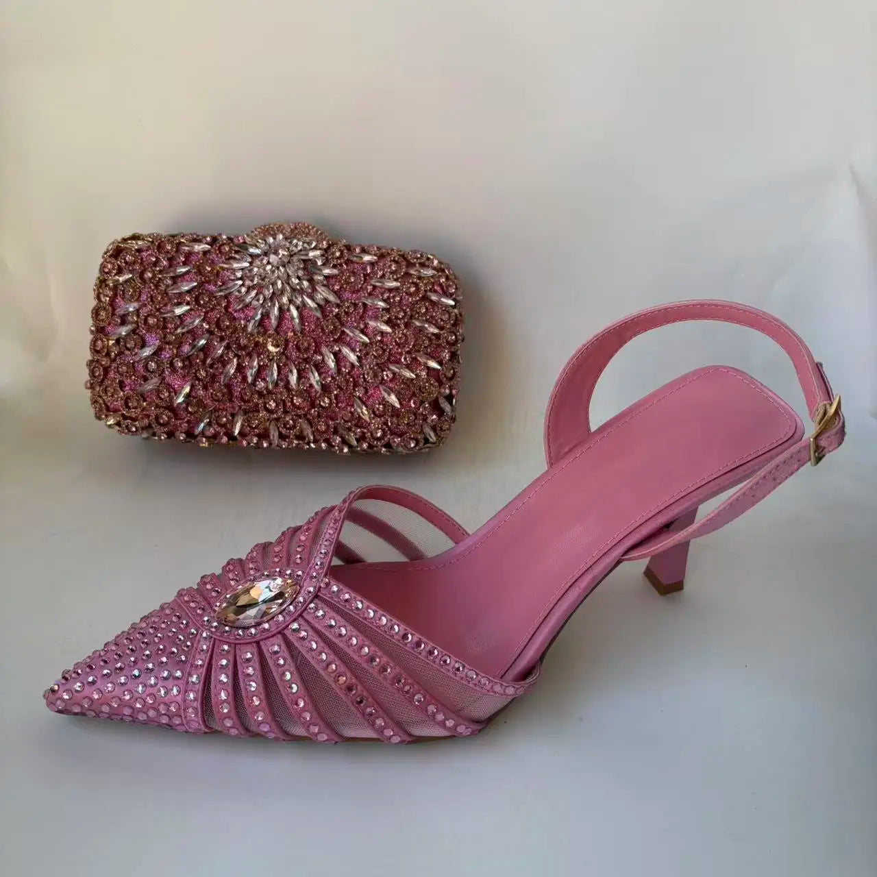 INSIGHTLINK Pink Design Rhinestones Party Shoes with Bag Set Bridal High Heels Pointed Toe Women's Sandal
