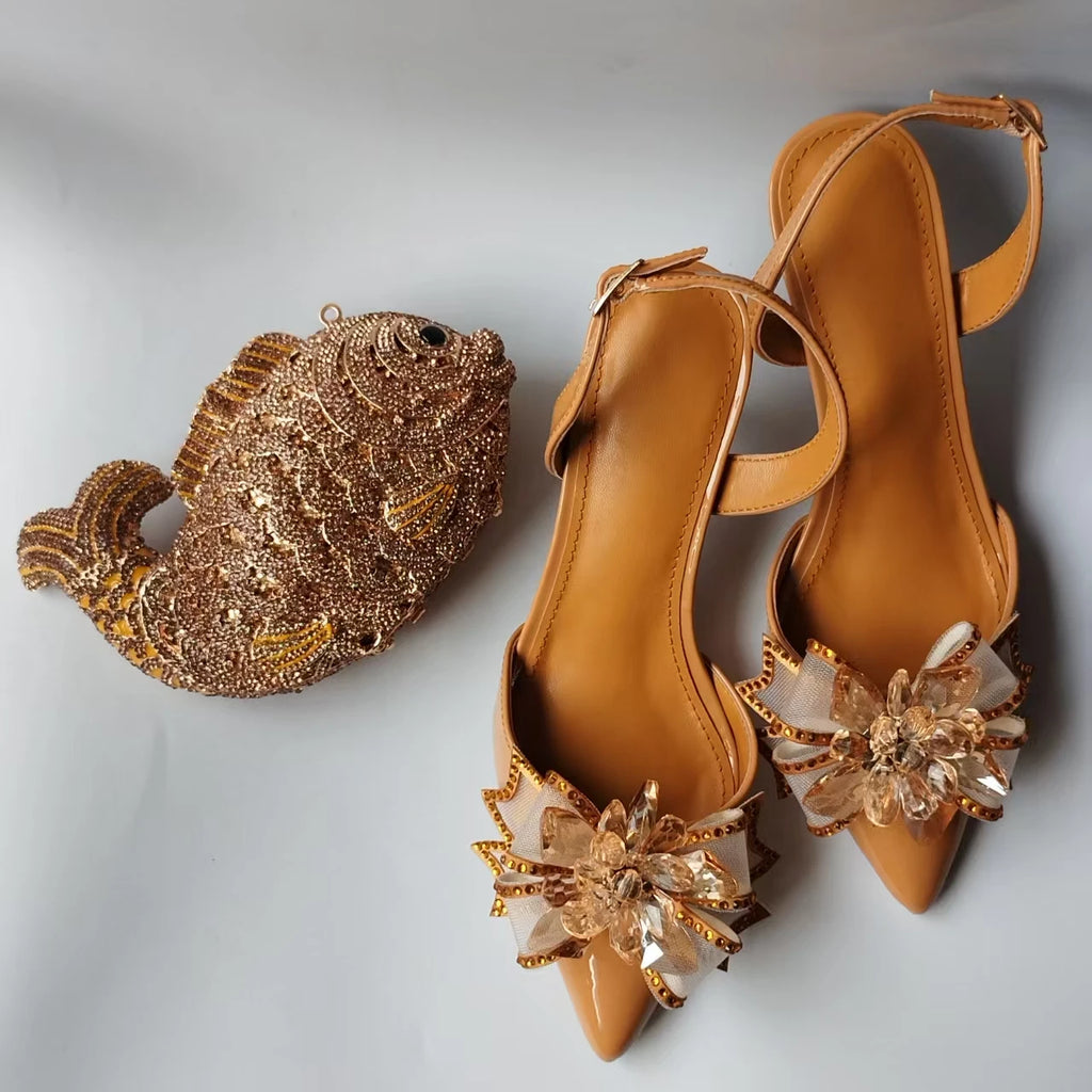 INSIGHTLINK Lady Gold Color High Heels Shoes And Bag With Rhinestones High Heeled Sandals And Purse Women's Shoes For Party Bags
