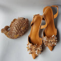 INSIGHTLINK Lady Gold Color High Heels Shoes And Bag With Rhinestones High Heeled Sandals And Purse Women's Shoes For Party Bags