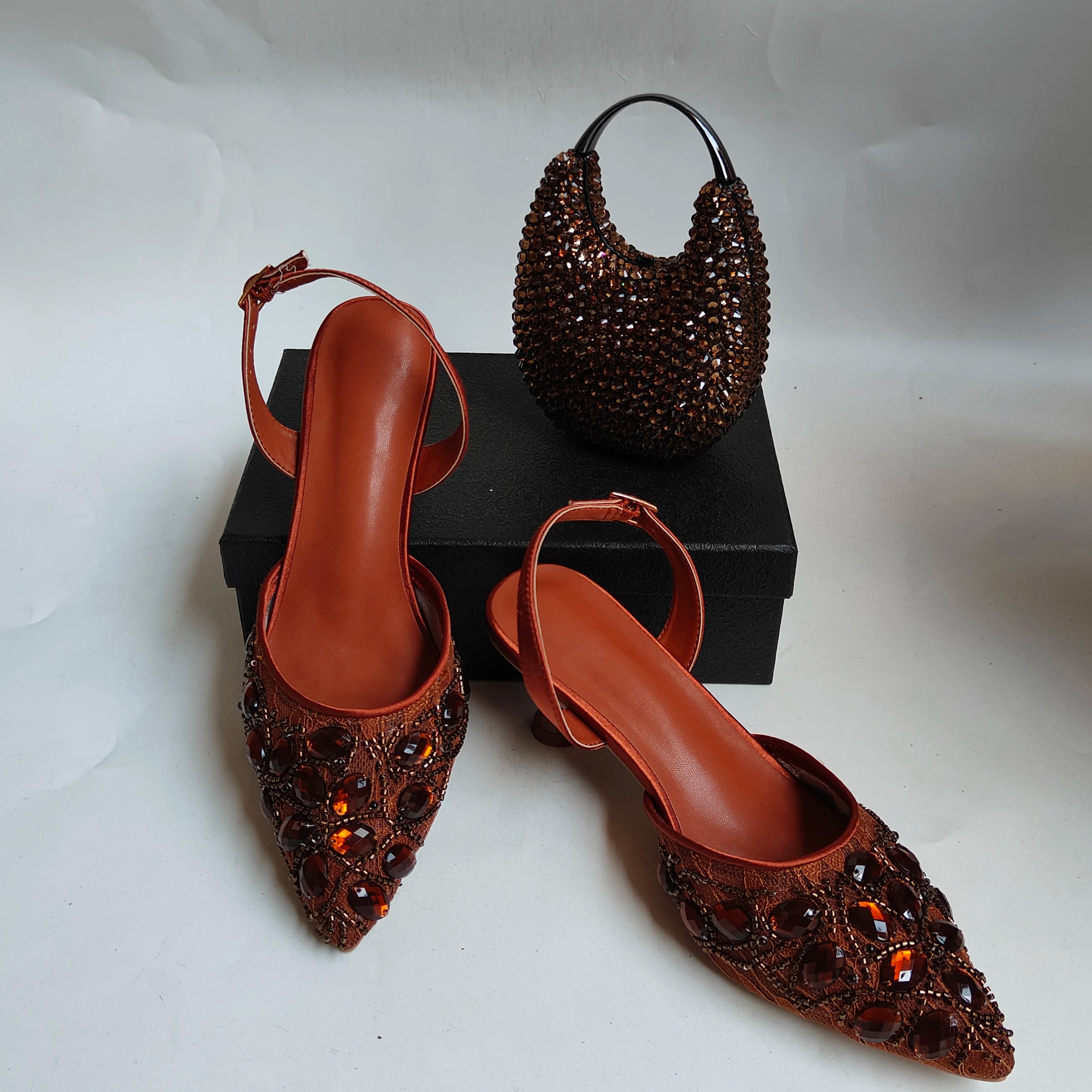 Insightlink Brown Crystal Slingback Heels Cylinder Clutch Set Sparkly Rhinestone Evening Shoes Bag for Wedding Formal Events
