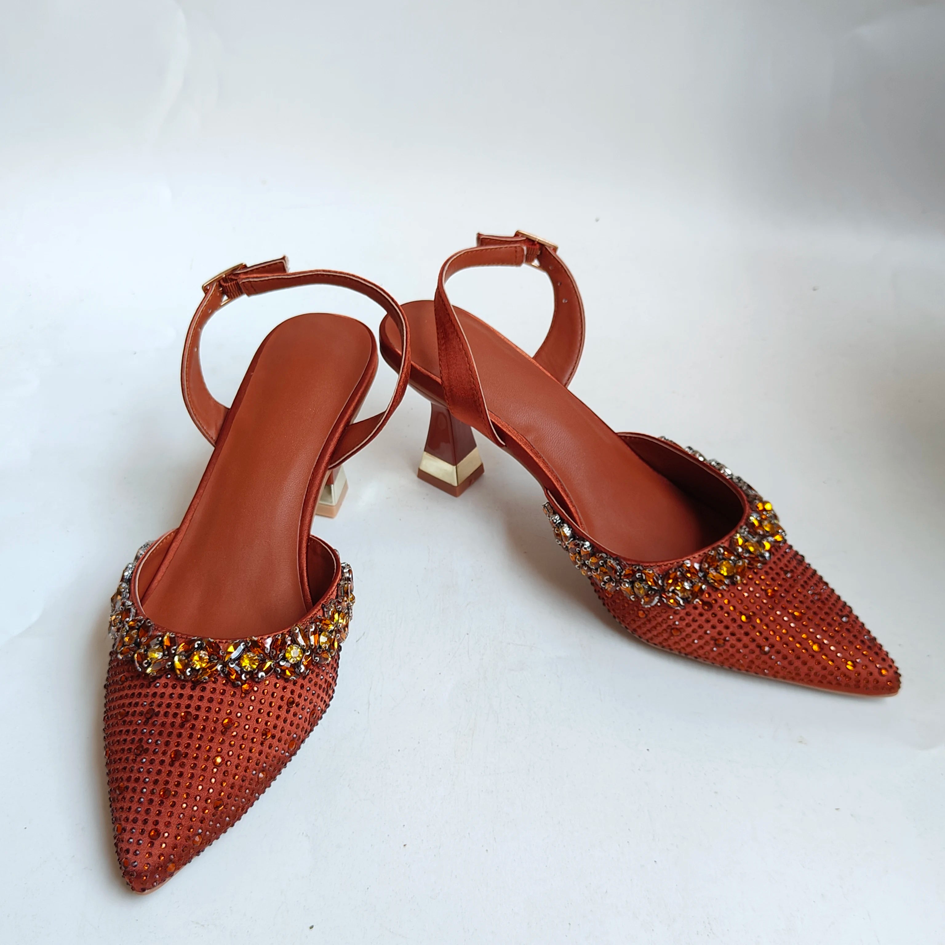 Insightlink Brown Crystal Slingback Heels Cylinder Clutch Set Sparkly Rhinestone Evening Shoes Bag for Wedding Formal Events