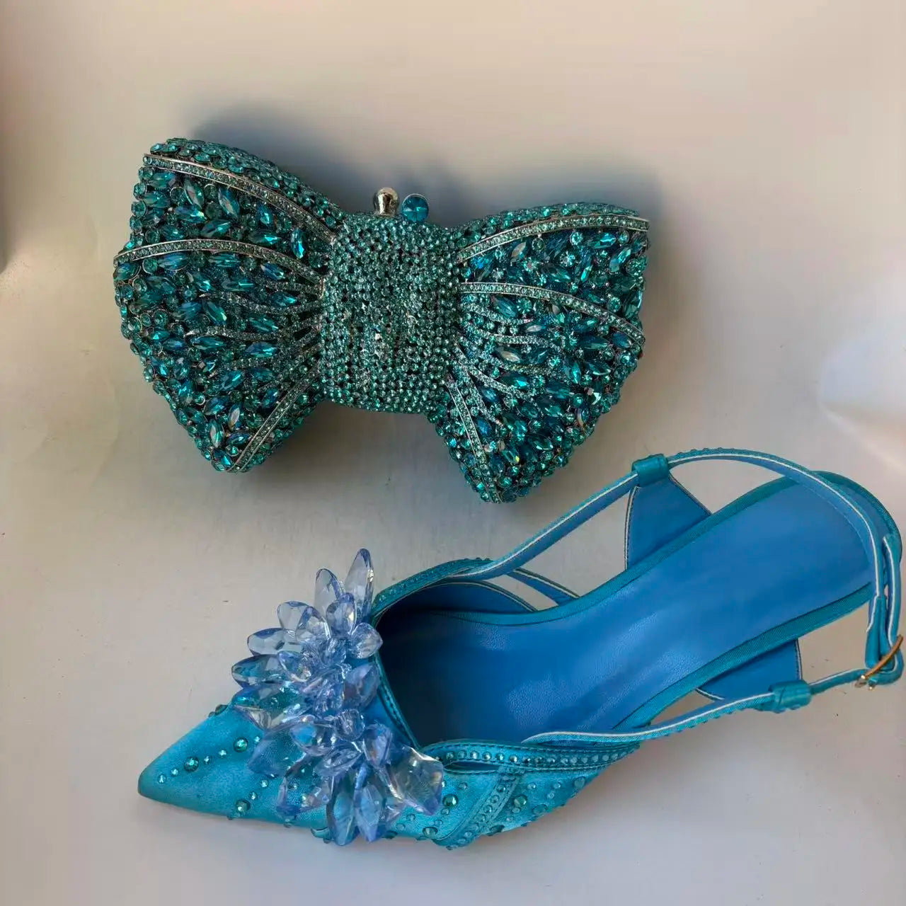 INSIGHTLINK Royal Blue Color Pointed Toe with Bag Comfortable Heels Rhinestones Design Ladies Slipper with Handbag Set For Party