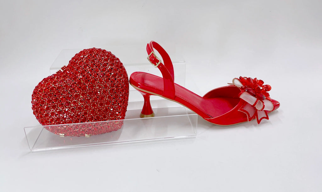 INSIGHTLINK Red Color Party Shoes and Bags Nigerian Women’s Suit Medium Heel Pointed Toe Women’s Shoes Rhinestones Sandals Red